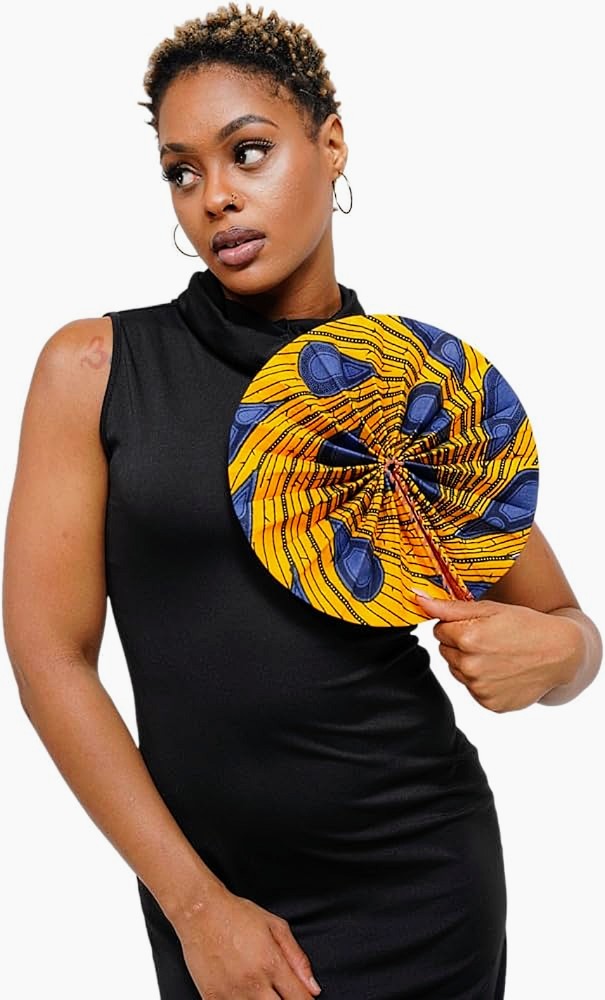 Dupsie's Khanita Foldable African Print Ankara Fan - Orange & Blue Peacock Pattern (DPPF3816) | Handheld Cooling Fan for Outdoor Events, Weddings & Cultural Celebrations