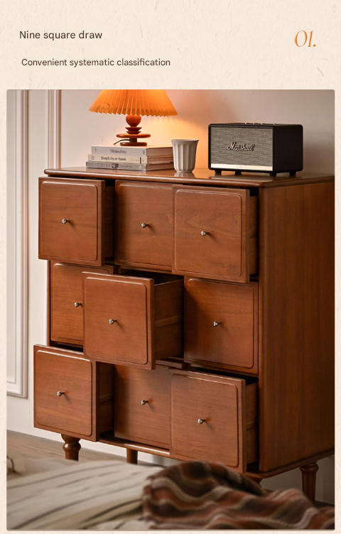 Vintage French Retro 9-Drawer Solid Poplar Wood Cabinet - Elegant Storage for Bedroom, Living Room & Office