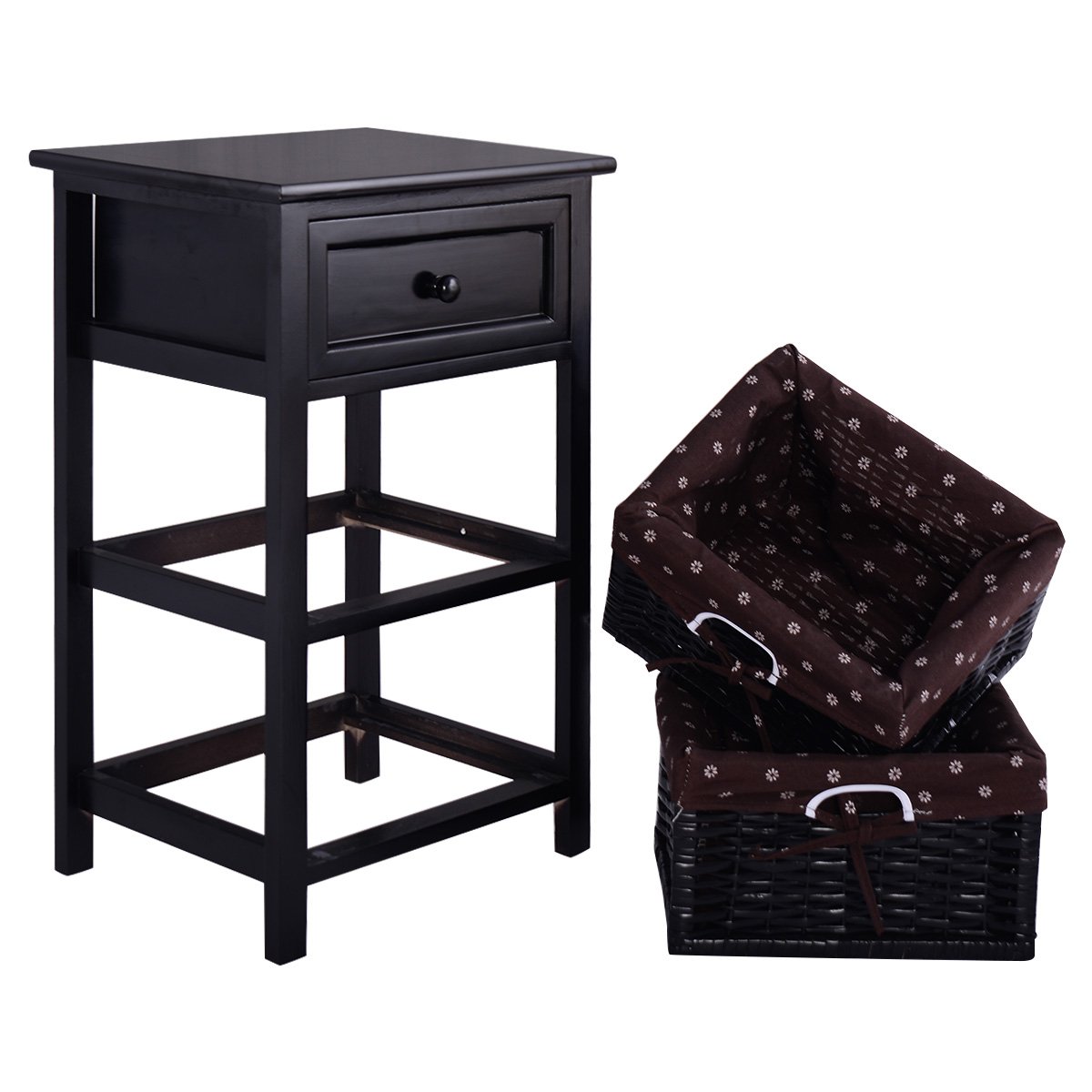 KOTEK 3-Tier Wooden Nightstand with Storage - 2 Baskets & 1 Drawer, Modern Side End Table for Living Room, Bedroom, Office - Space-Saving Accent Table (Black) - Perfect for Small Spaces, Apartment Decor & Bedside Organization