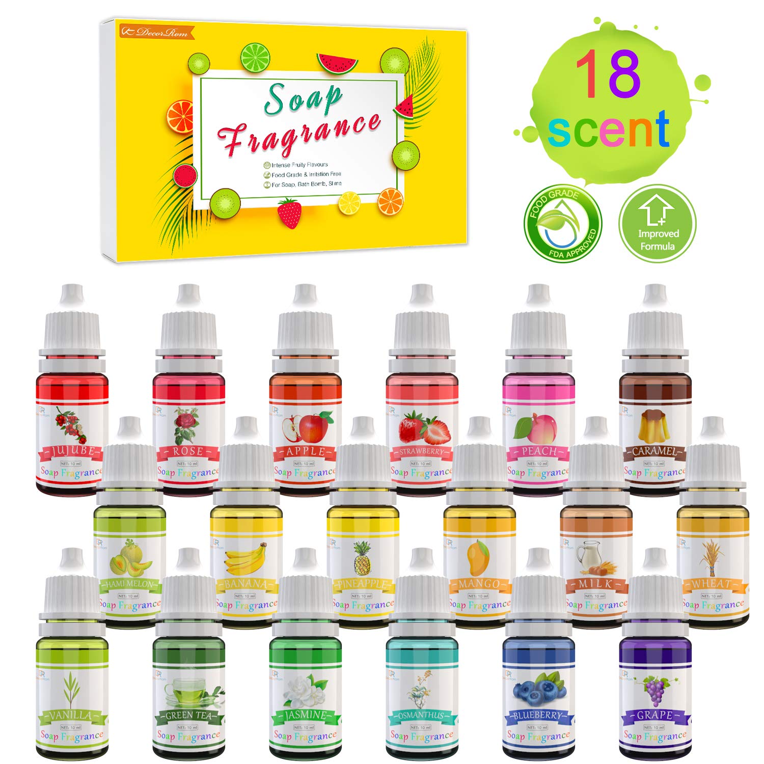 18 Pack Soap Fragrance Oil - Liquid Soap Scents for DIY Bath Bombs, Soap Making, Slime Crafts - Cosmetic & Art Bath Bomb Perfumes (10ml Each) - Perfect for Home Spa, Gift Making & Creative Projects