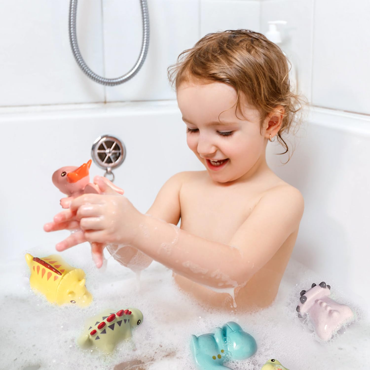 AMCHSURI 9-Pack Mold Free Baby Bath Toys for Toddlers 1-3 Years & Infants 6-18 Months - No Hole Dinosaur Bathtub Toys for Safe Splashing Fun - Perfect Bath Time Sensory Toys for Kids & Baby Shower Gifts