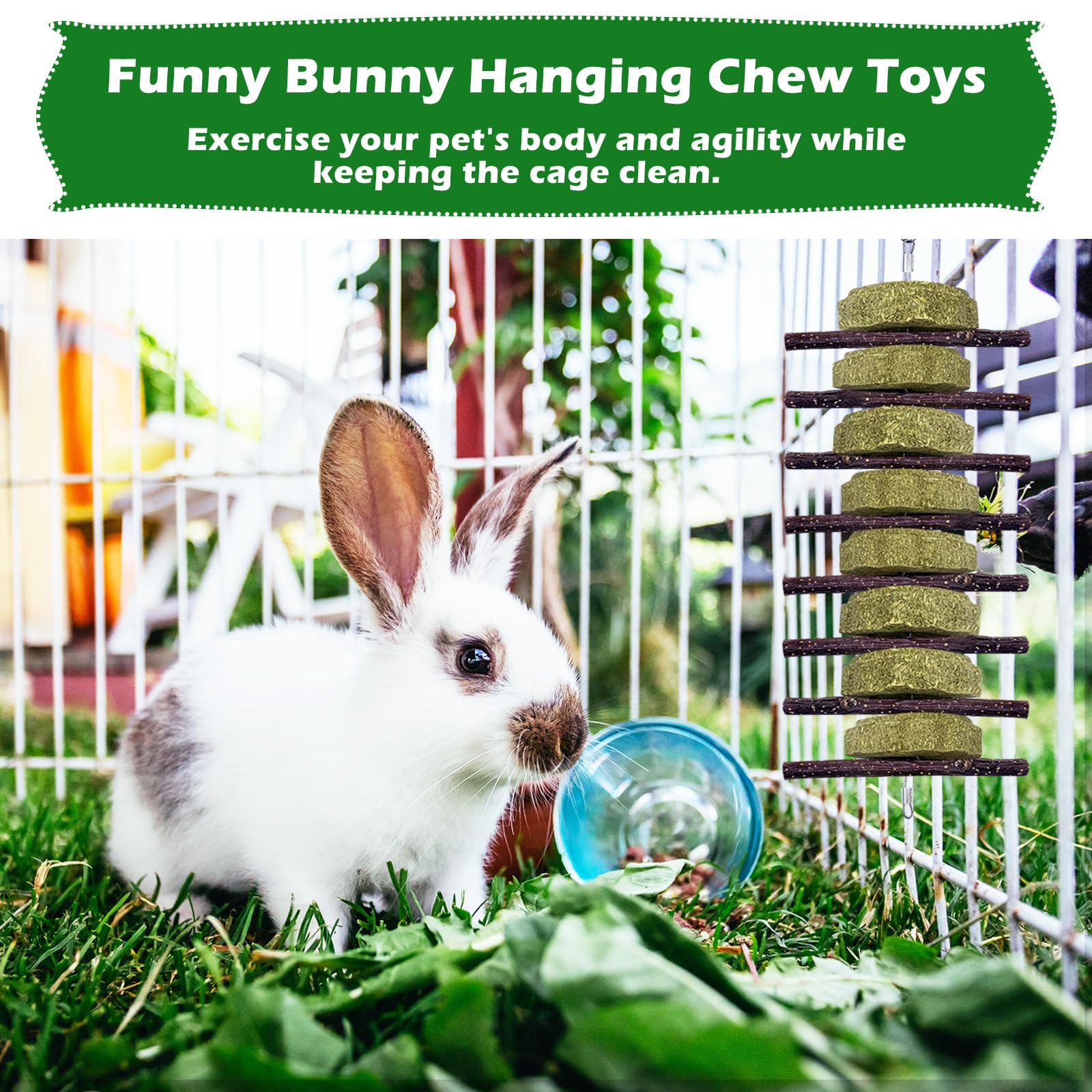 Organic Apple Wood Bunny Chew Toys for Teeth Grinding - 3 Pack Hanging Rabbit Toys with Grass Cake Treats - Safe for Rabbits, Guinea Pigs, Chinchillas, Hamsters, Gerbils & Rats - Perfect for Cage Enrichment & Dental Health