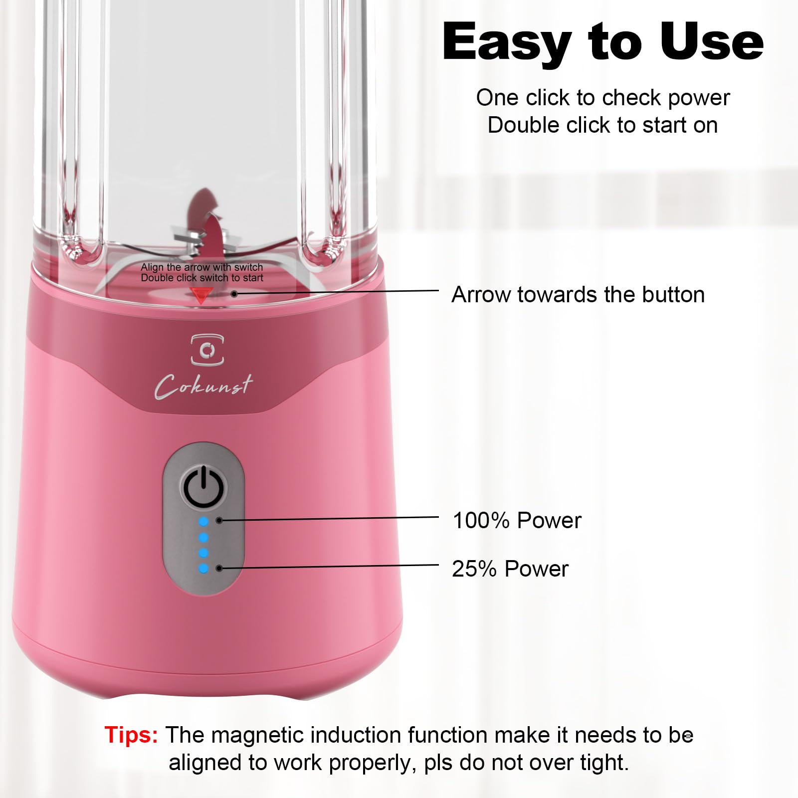 COKUNST 18oz Portable Blender - USB Rechargeable Personal Smoothie Maker with 6 Stainless Steel Blades for Protein Shakes, Juices & Healthy Drinks - Compact Travel Blender with Handle Lid - Perfect for Gym, Office, Hiking & Outdoor Activities - Pink