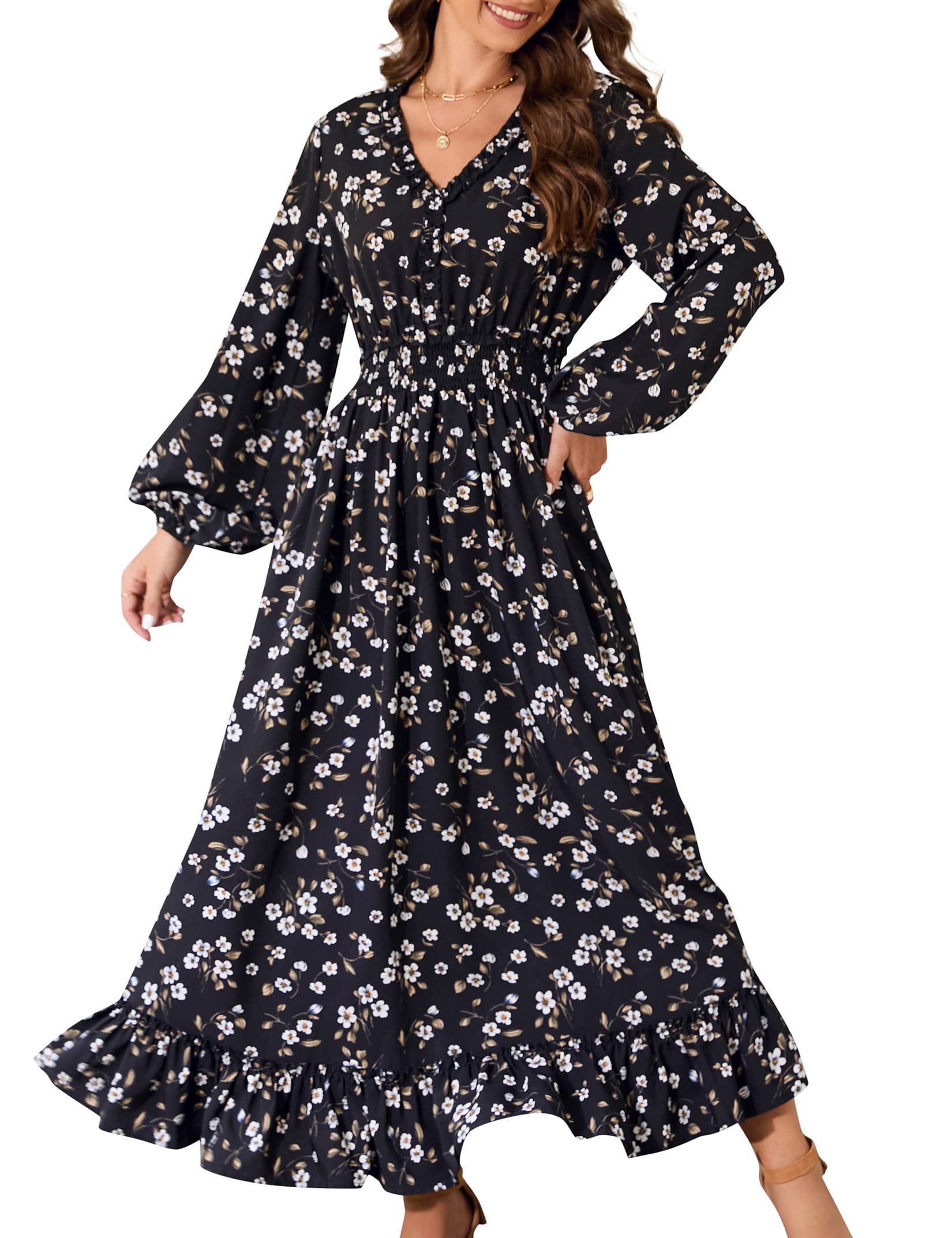 MISSKY Women's Casual V-Neck Boho Floral Print Maxi Dress - Bohemian Flowy Wedding Guest Dress for Summer Beach, Party & Vacation
