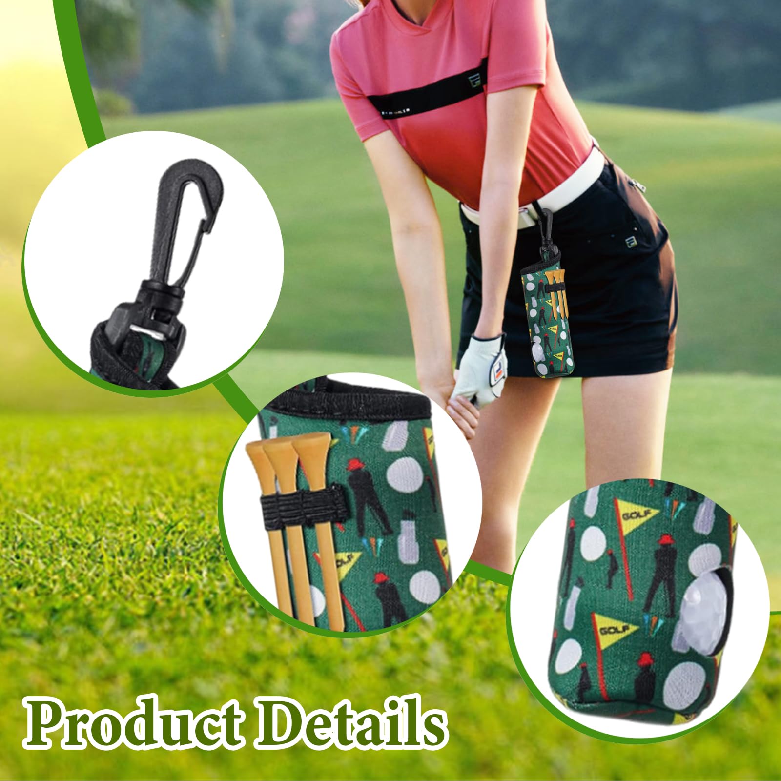 4-Piece Golf Ball Tee Holder Set - Portable Golf Ball Carry Bag Pouch & Keychain Belt Clip - Ideal Golf Gifts & Accessories for Women & Girls - Perfect for Driving Range, Course Play & Travel