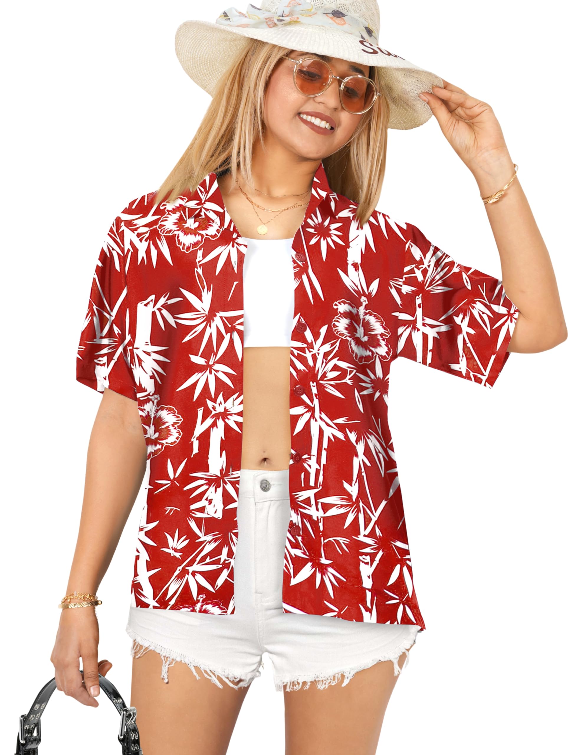 LA LEELA Women's Hawaiian Short Sleeve Blouse - Floral Beach Shirt for Summer Vacation, Pool Party & Tropical Getaway