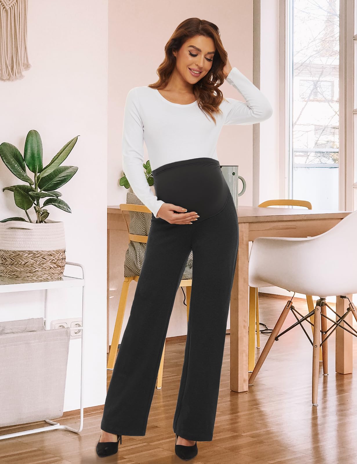 Tapata Women's Maternity Bootcut Dress Pants with Pockets - Over Belly Pregnancy Work Pants (28