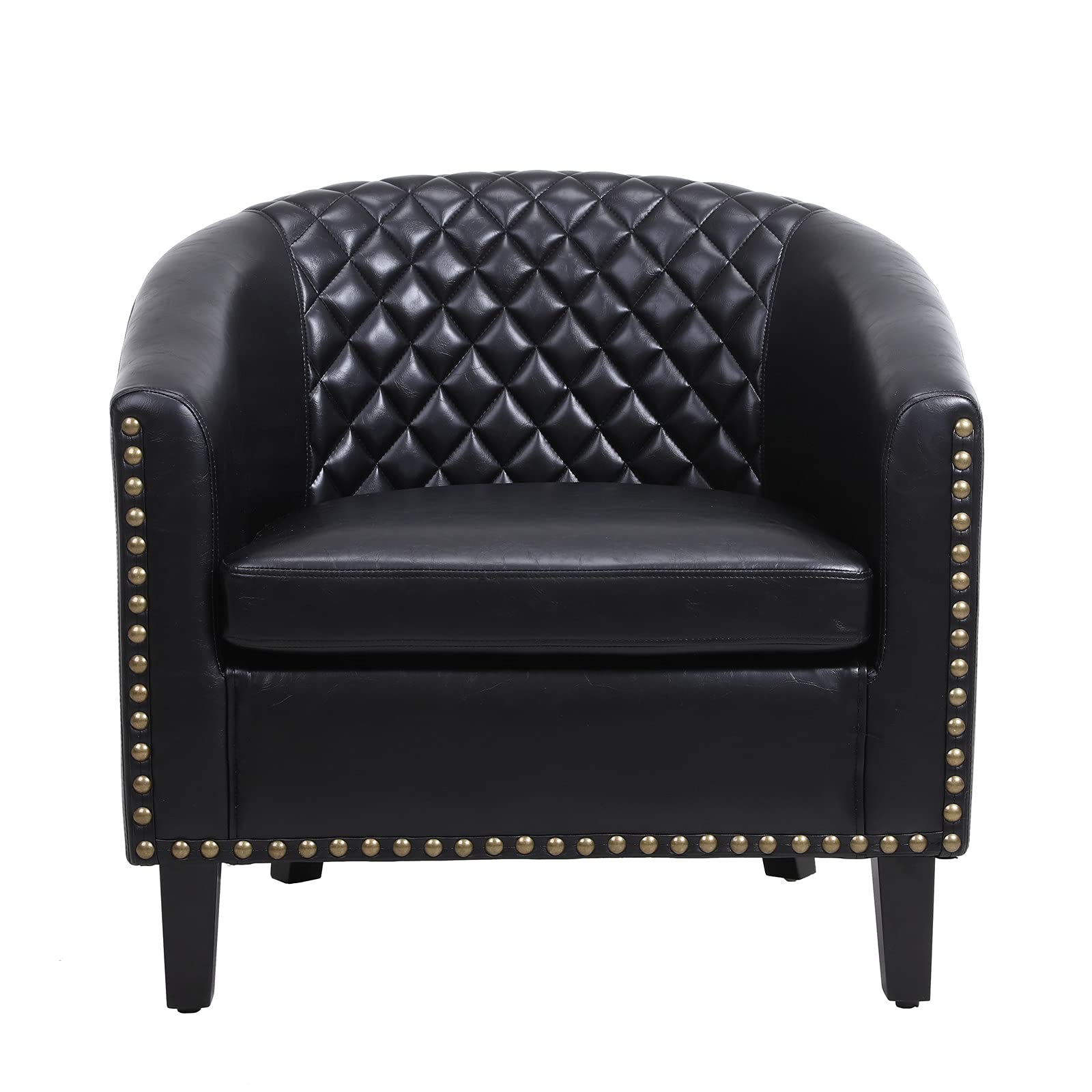 Premium Soft Leather Barrel Club Chair - Classic Upholstered Accent Armchair with Solid Wood Legs & Nailhead Trim for Living Room, Bedroom, Office & Guest Seating - Comfy Single Sofa Chair for Relaxing & Conversation (Black)