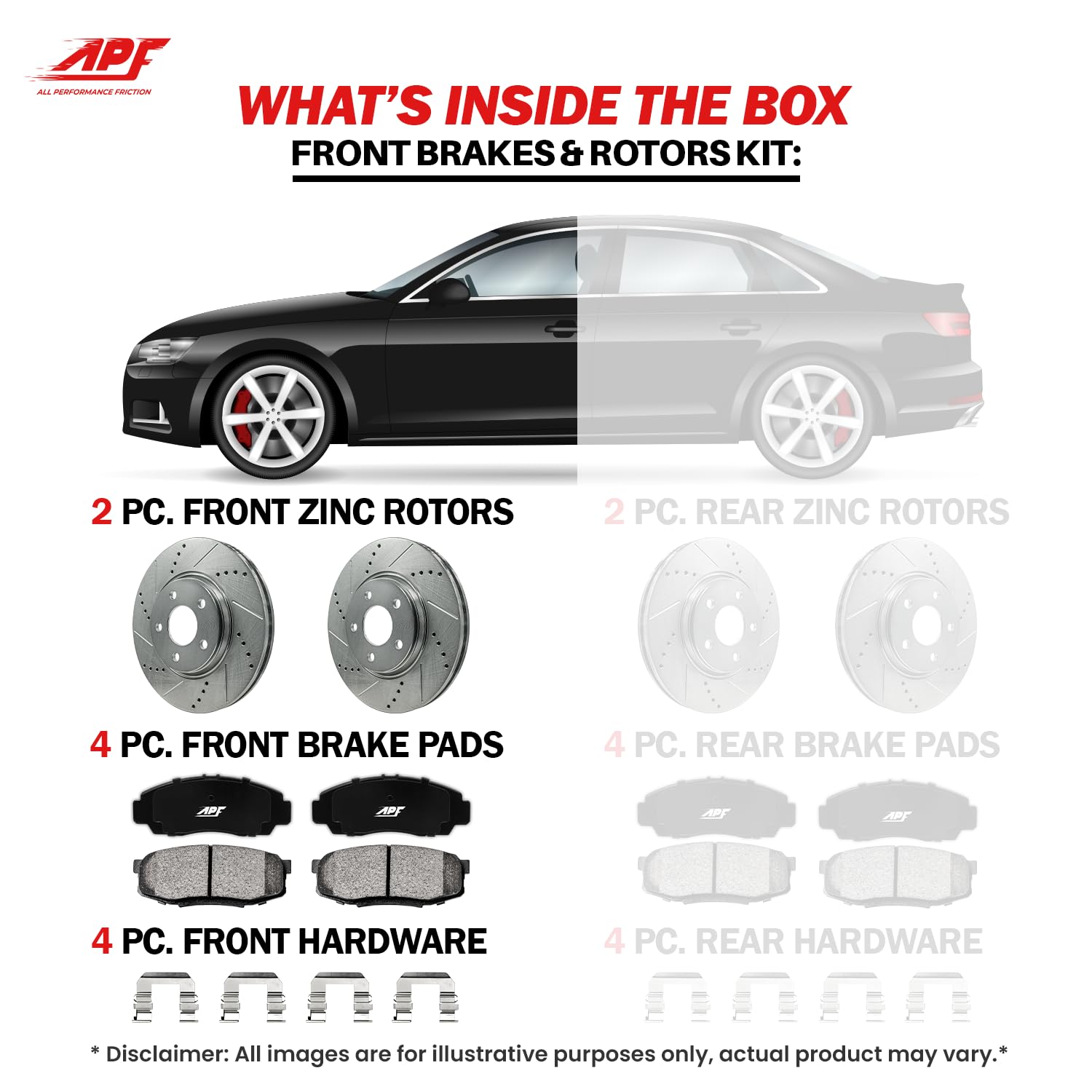 APF Front Brake Kit for Oldsmobile Silhouette 1997-2004 - Zinc Plated Drilled & Slotted Rotors with Carbon Fiber Brake Pads | 5-Lug | 10 Year Warranty | 2 Rotors & 4 Pads | Improved Stopping Power for Highway & City Driving