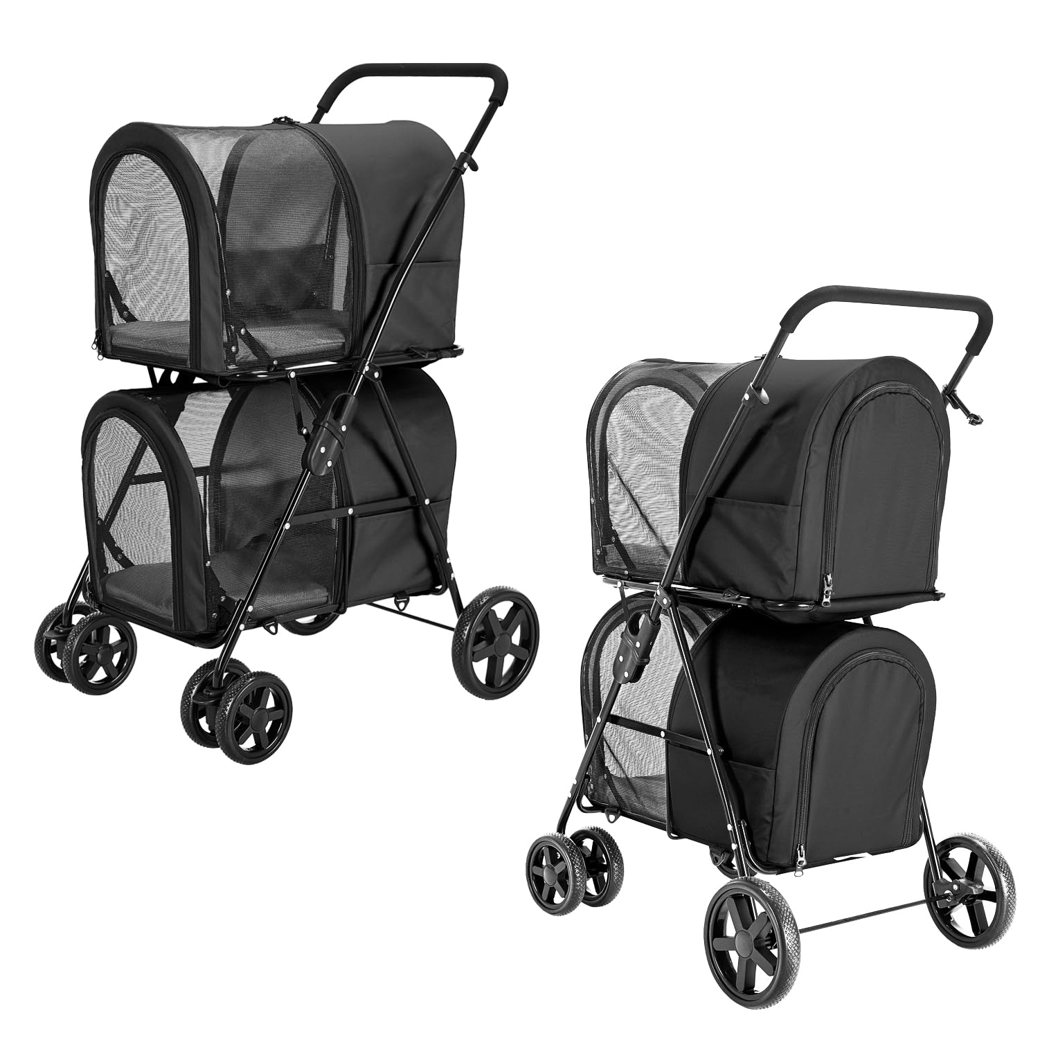 Double Pet Stroller for Dogs & Cats - 2 Detachable Carriers, Quick-Folding Design for Small/Medium Pets, 4-Wheel Black Stroller | Perfect for Park Walks, Vet Visits & Shopping Trips