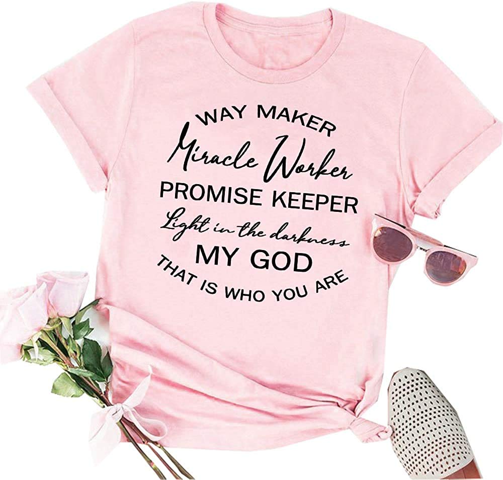 LORSU Women's Way Maker Miracle Worker T-Shirt - Inspirational Promise Keeper Light in Darkness Letter Print Top | Funny Adult Humor Shirt for Church, Bible Study & Christian Events