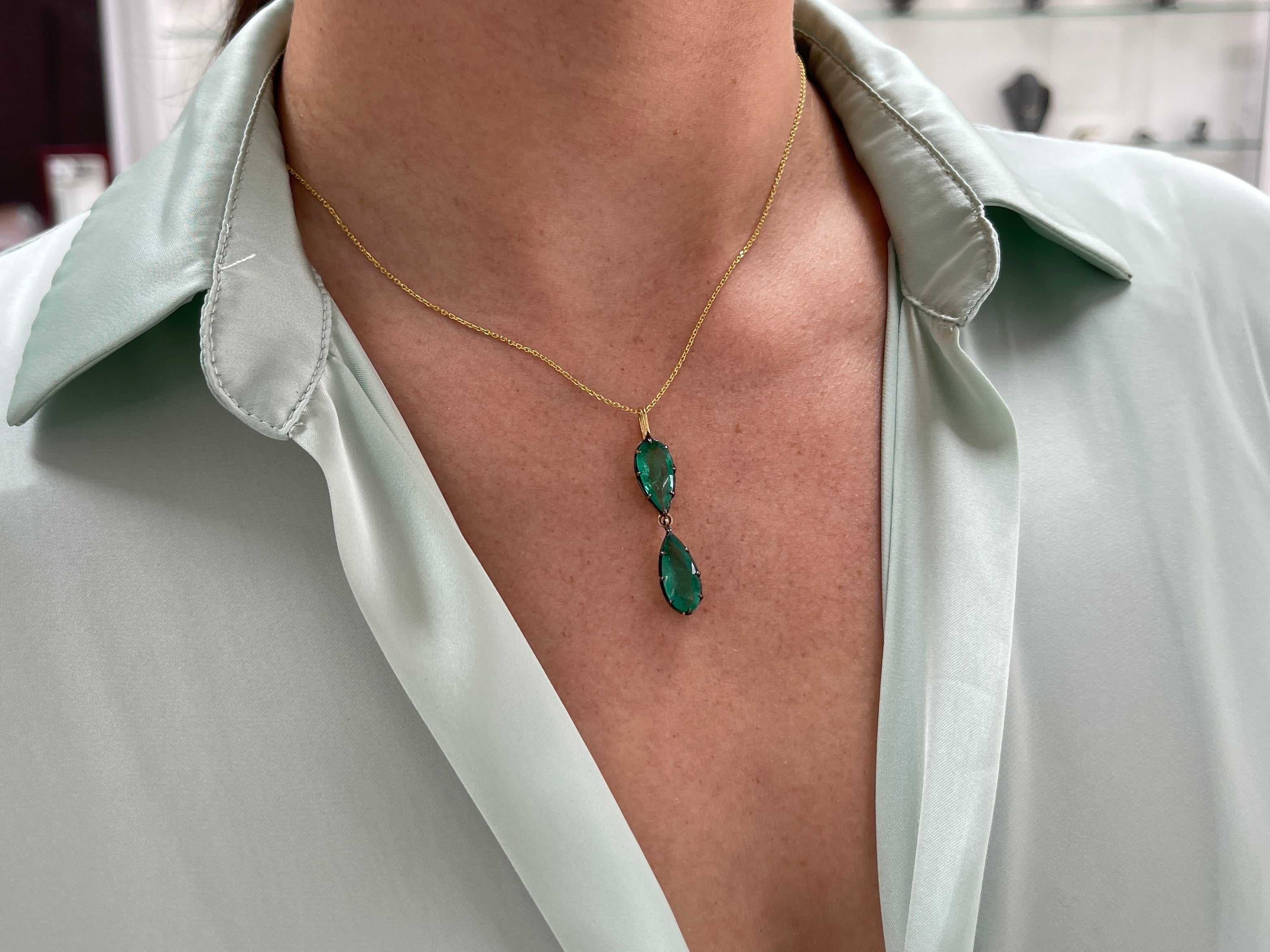 5.25tcw Natural Dark Green Emerald Georgian Style Hourglass Pendant Necklace in 14K Gold - Elegant Jewelry for Weddings, Parties & Special Occasions