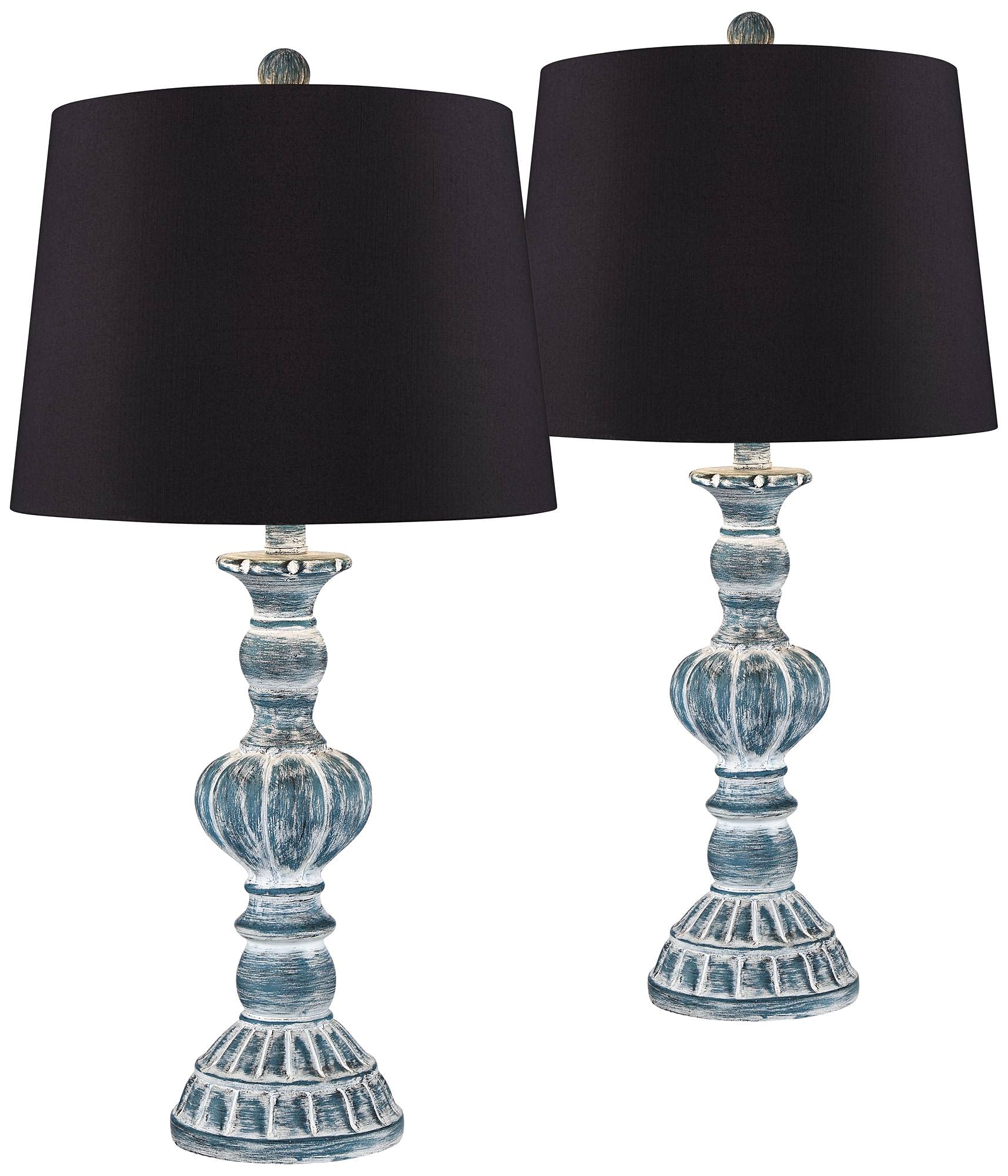 Regency Hill Tanya Country Cottage Traditional Style Table Lamps - Set of 2 Blue Wash Resin Lamps with Black Faux Silk Drum Shade, 26.5