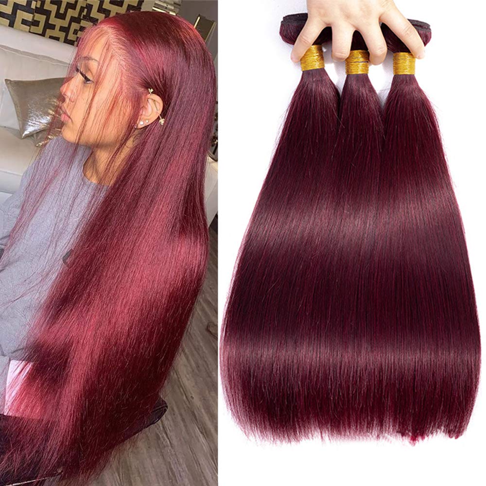99J Burgundy Wine Red 100% Unprocessed Brazilian Virgin Human Hair Weft Extensions - 24 Inches Straight Hair Bundles for Weaving & Styling | Perfect for Daily Wear, Parties & Special Occasions