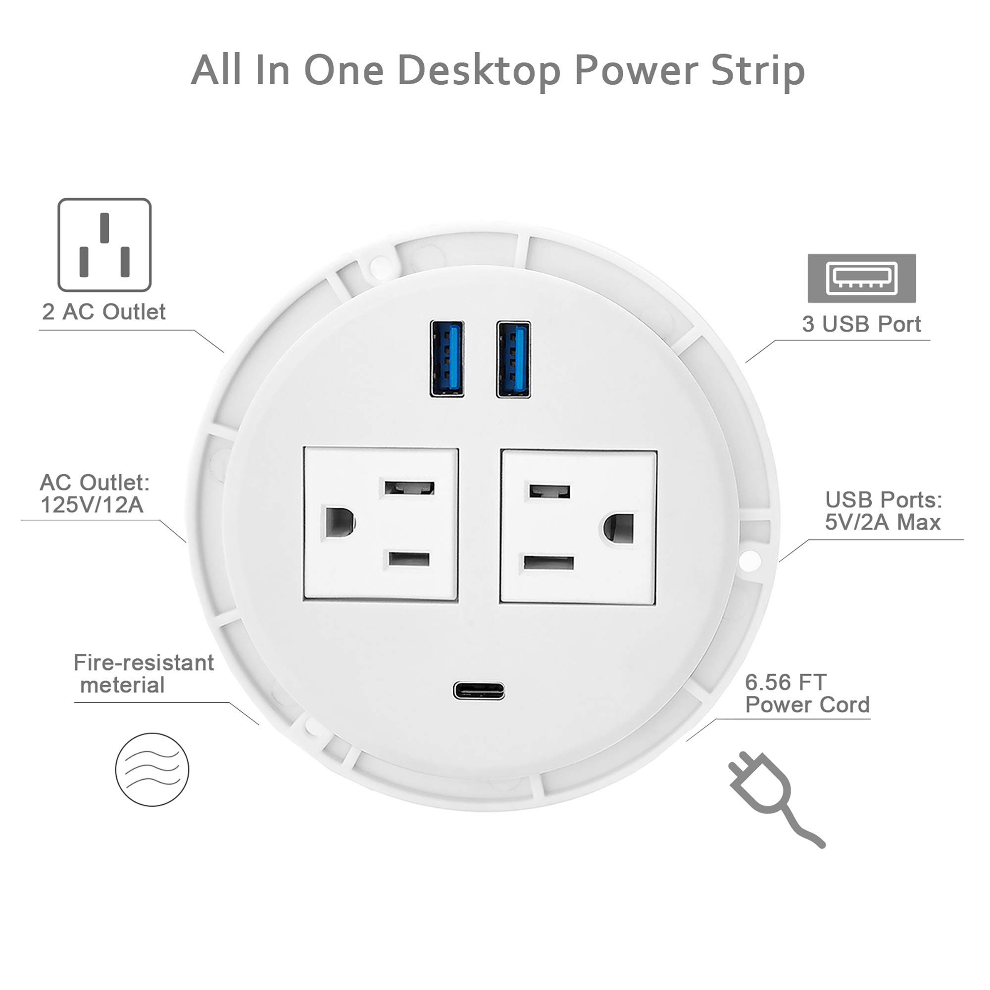 Kungfuking 20W USB C Power Grommet - 2 AC Outlets & 3 USB Ports for Office Desk