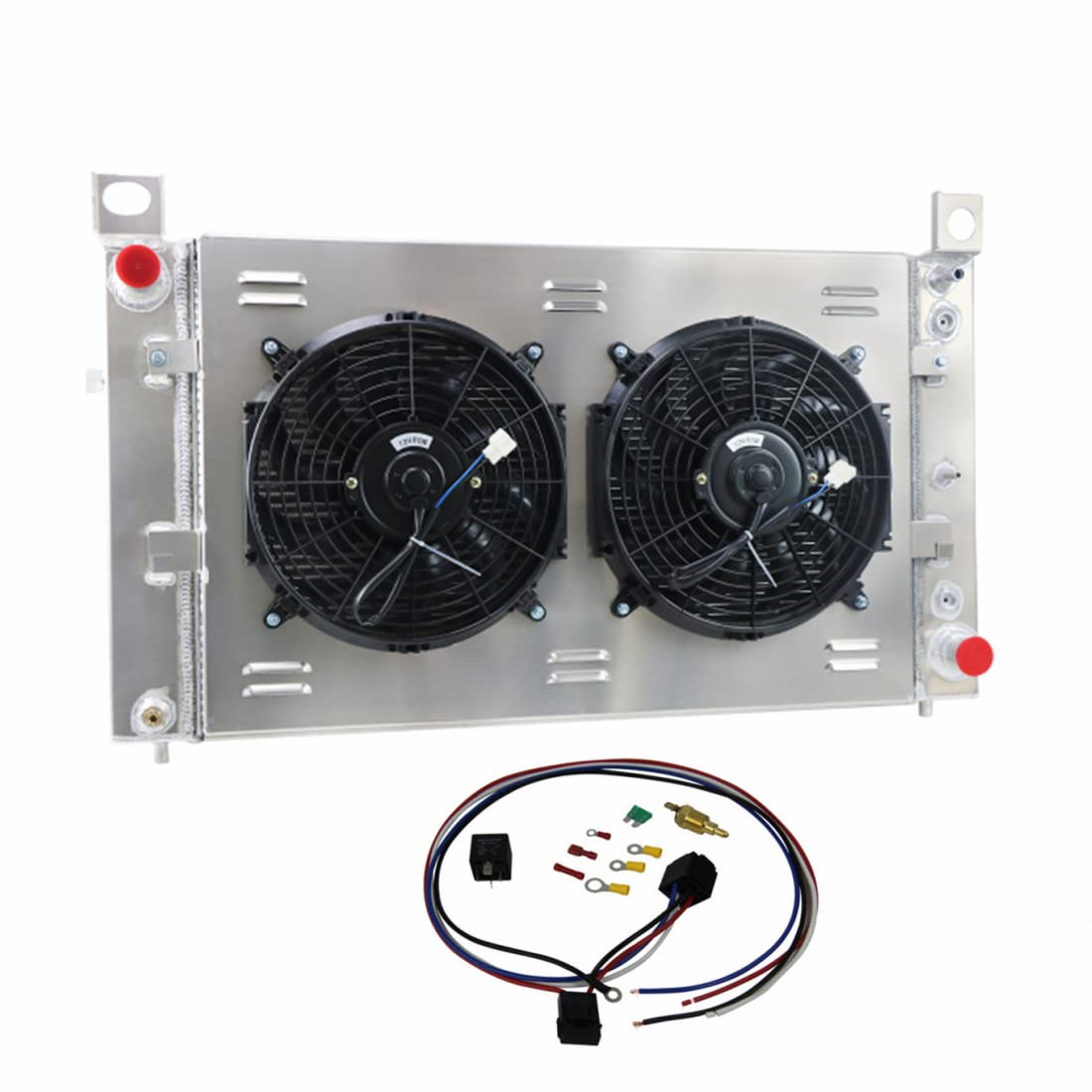 High-Performance 3-Row Full Aluminum Radiator with Fan Shroud & Relay Kit - Compatible with 99-14 Chevy Silverado 1500/2500HD/Tahoe, 99-14 GMC Sierra 1500/2500HD/Yukon, 03-09 Hummer H2, 02-14 Cadillac Escalade - Perfect for Off-Roading, Towing & Heavy-Duty Use