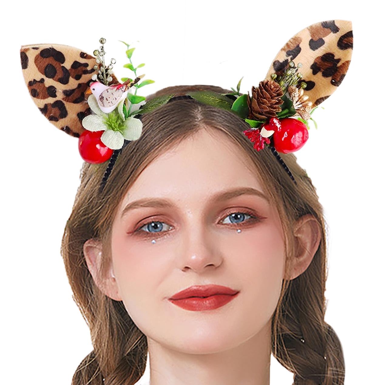 Leopard Print Headbands with Brown Deer Hair Hoop - Reindeer Antlers Hair Accessories for Women | Halloween Costume Party, Christmas Theme Events & Cosplay