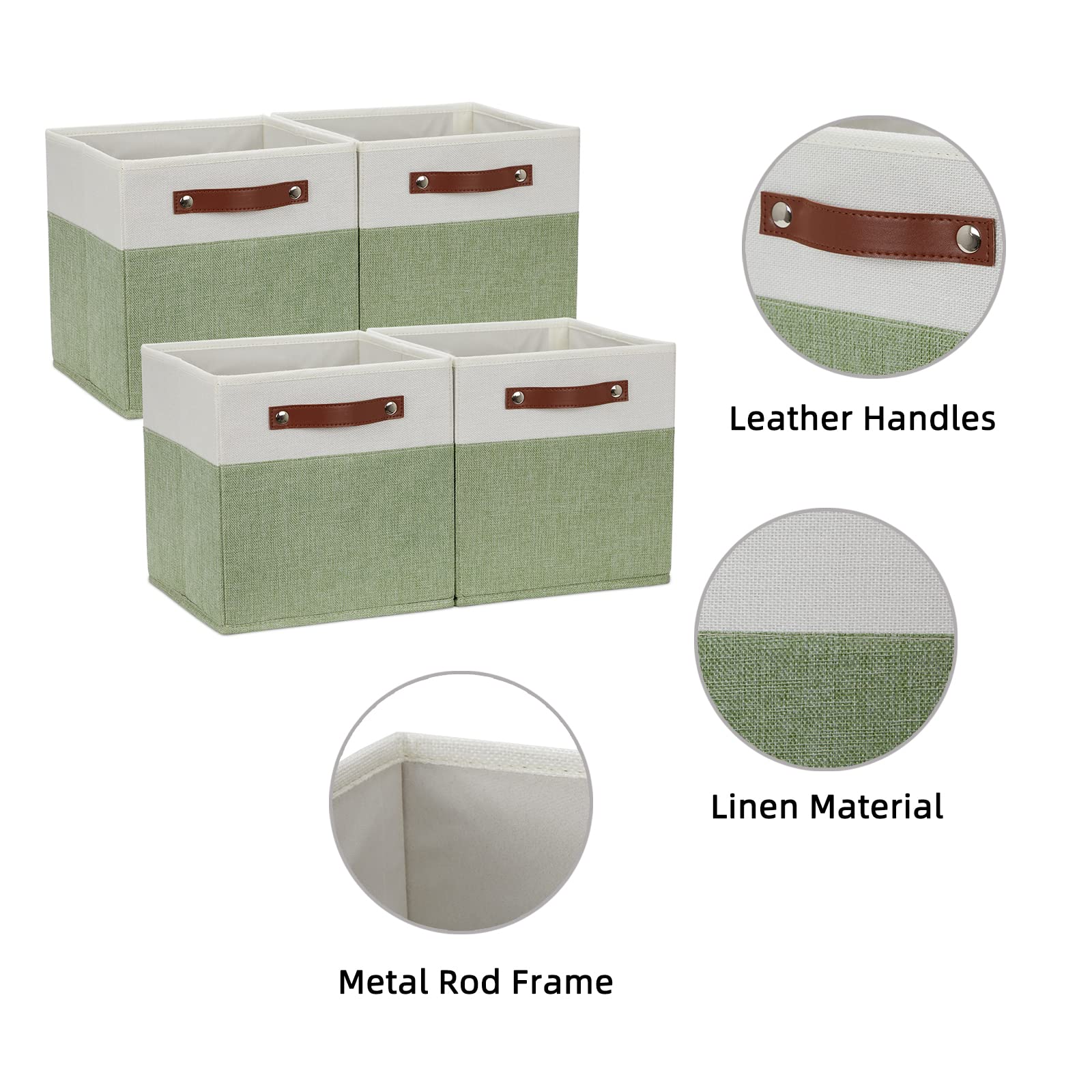 HNZIGE 11x11 Inch Fabric Storage Bins, Set of 4 Foldable Cube Organizer Bins with Handles for Shelves - Green & White | Perfect for Home Organization, Nursery, Closet & Toy Storage