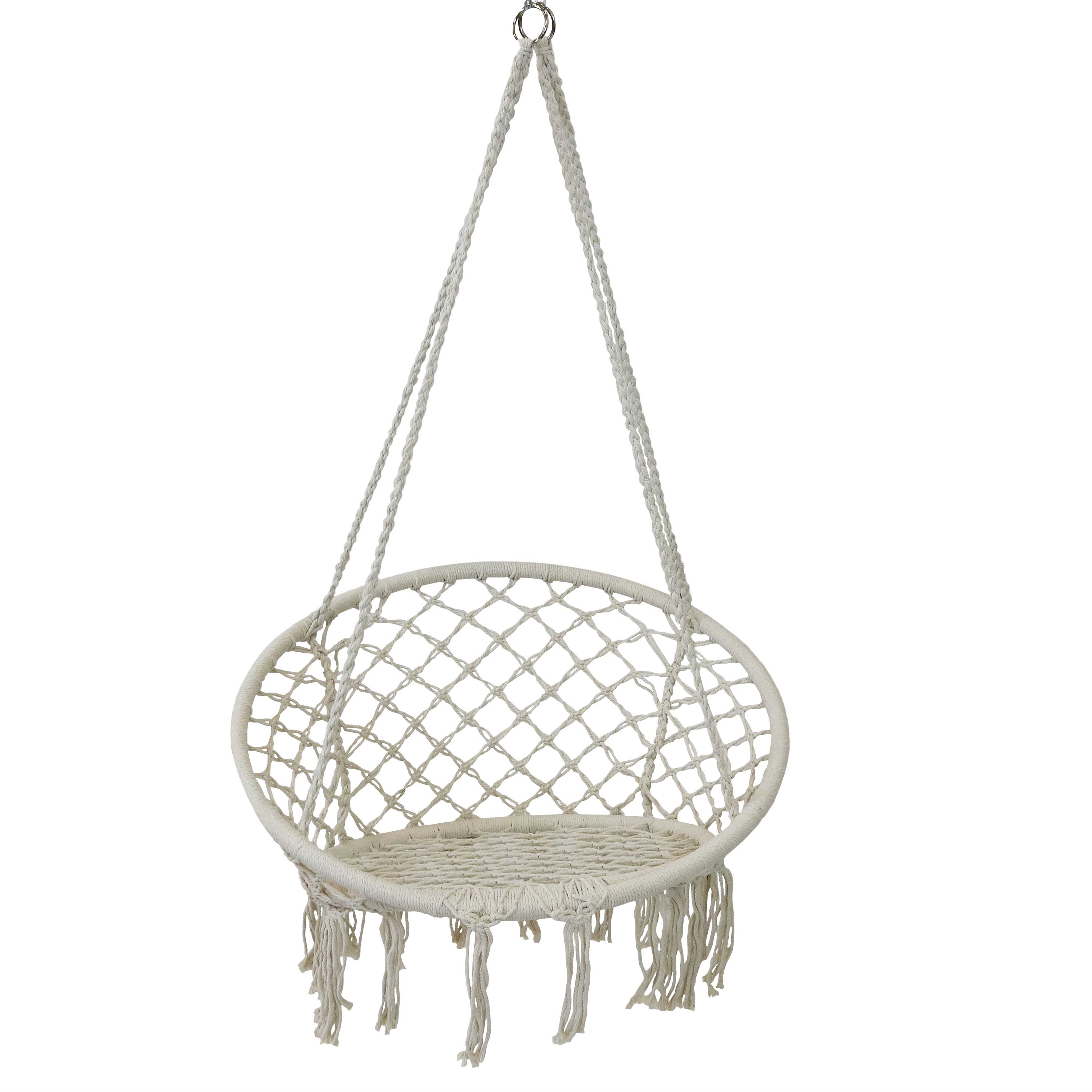 Sunnydaze Macrame Hanging Hammock Chair with Tassels & Cushion - White Cotton Boho Style Swing Seat for Indoor Outdoor Patio, Garden, Balcony Relaxation
