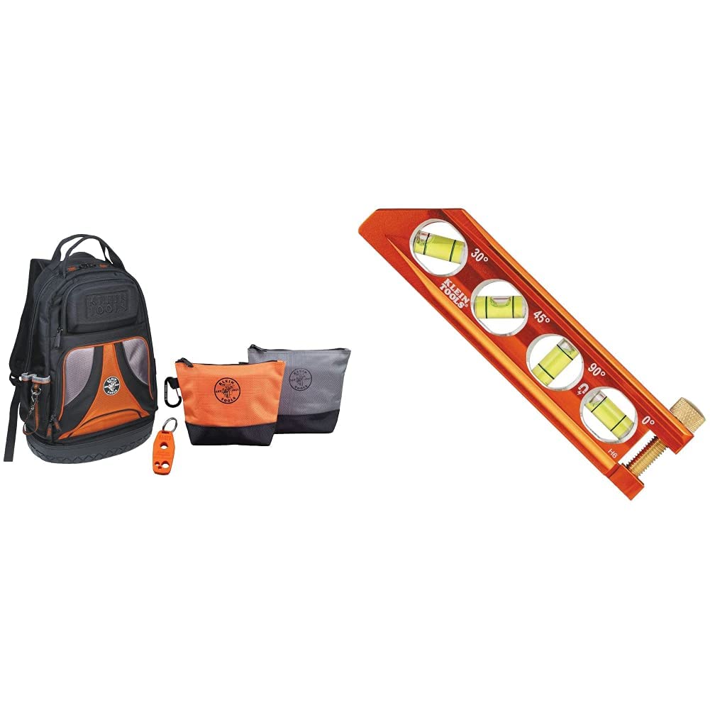 Klein Tools 80038 Tradesman Pro Backpack Tool Kit with 4-Piece Set & 935AB4V 6.25-Inch Magnetic Torpedo Level - Conduit Level with 4 Vials, V-Groove, Magnet Track, High Viz Orange - Perfect for Electricians, Plumbers, and Construction Professionals