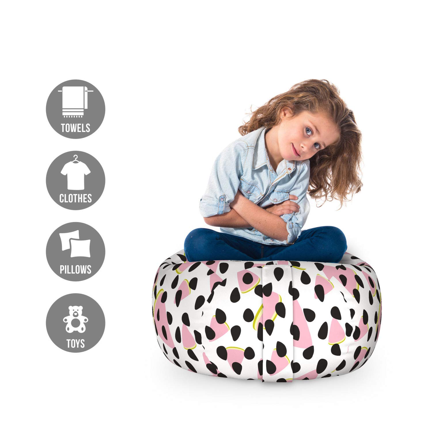 Ambesonne Watermelon Pattern Toy Storage Bag Chair - Small Size, Blush White & Dark Grey - Washable Stuffed Animal Organizer for Kids' Room, Playroom & Nursery Decor