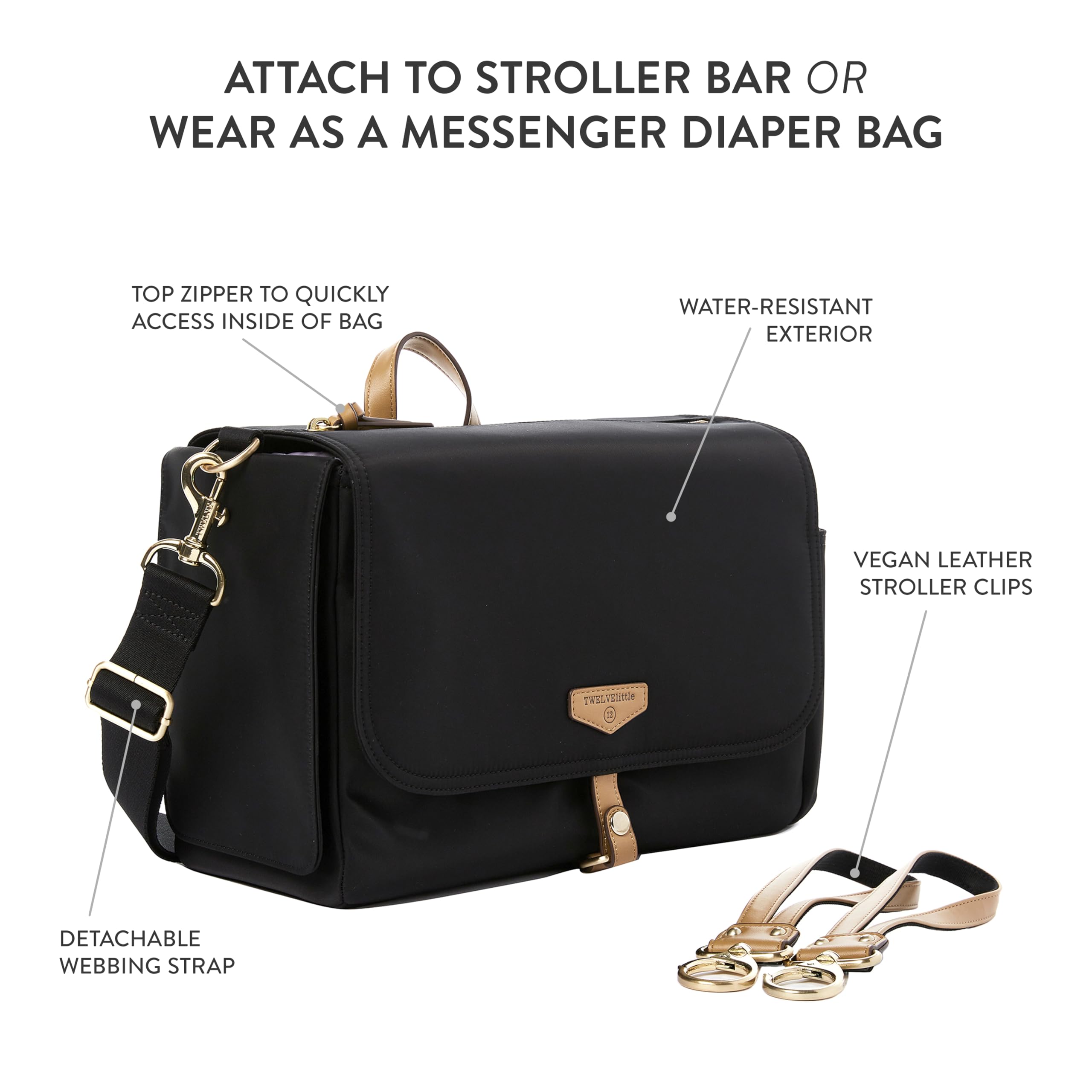 TWELVElittle On-The-Go Stroller Caddy 3.0 - Lightweight Travel Diaper Bag with Stroller Clips & Changing Pad - Perfect for Parents, Baby Essentials Organizer - Black Tan - Ideal for Daycare, Park Outings & Family Travel