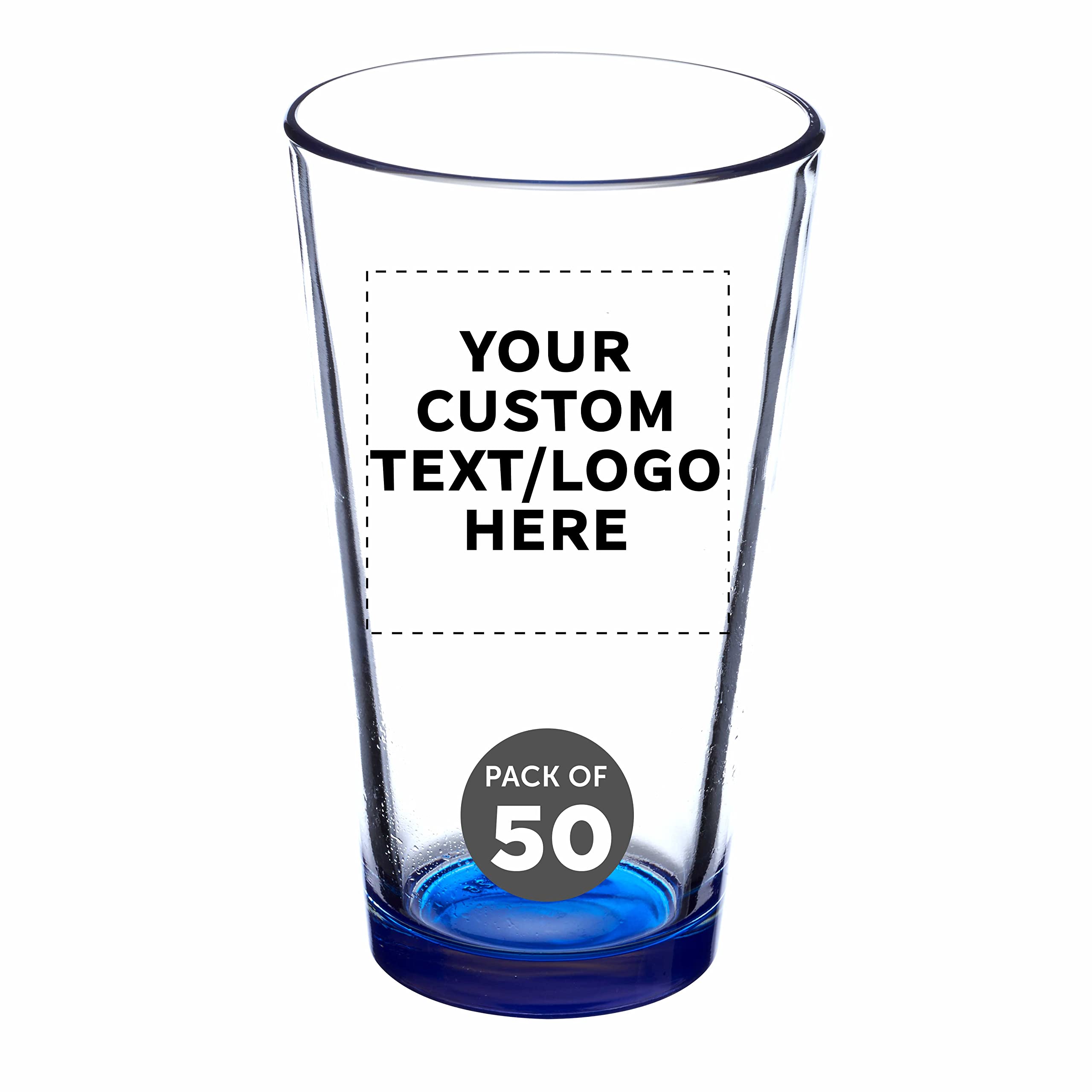 Custom Libbey 16 oz Pint Glasses Set of 50 - Personalized Bulk Beer Mugs, Heavy Duty Bar Drinkware in Blue - Perfect for Pubs, Restaurants & Party Favors