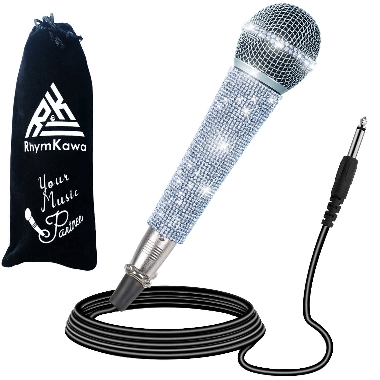 Professional Crystal Silver Dynamic Vocal Microphone with 3M XLR Cable - Glitter White Wired Mic with Shiny Bling Handle Cover - All Metal Body for Karaoke, Live Singing & Home Studio Recording