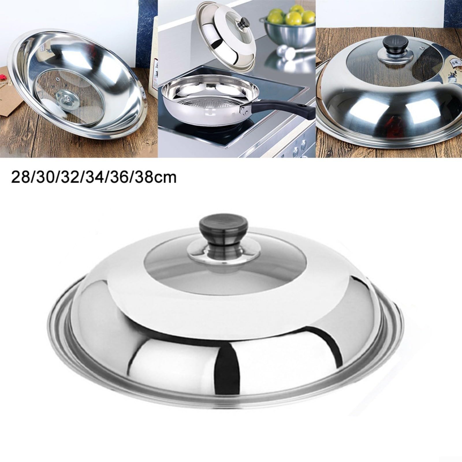 28/30/32/34/36/38 cm Stainless Steel Wok Lid - Replacement Cookware Accessory for Stir Fry, Deep Frying & Asian Cooking - Universal Fit for Most Woks (32cm)