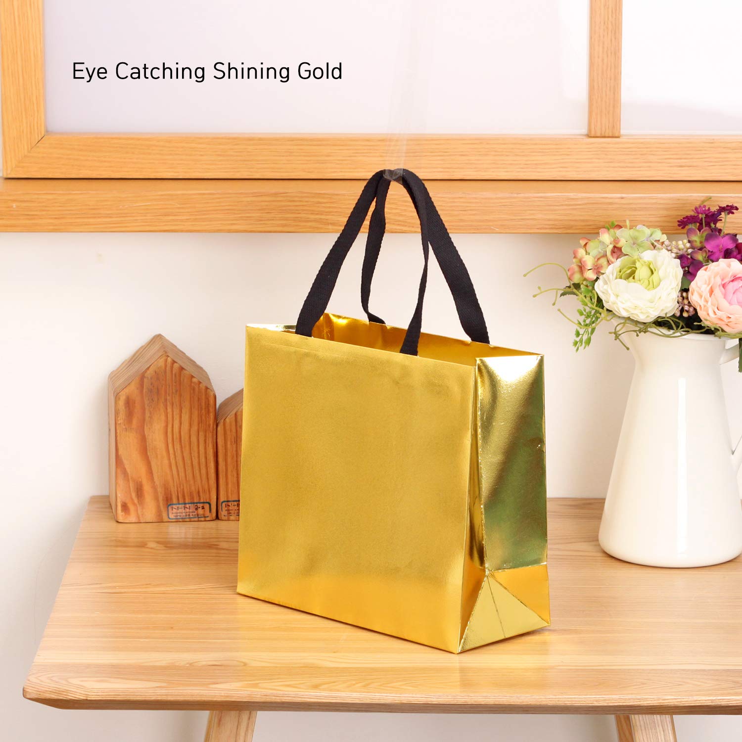 10pcs Large Gold Shiny Gift Bags with Black Cotton Handles - 15.7x5.5x11.8 Inches - Thick & Sturdy for Birthday, Wedding, Christmas & Party Favors