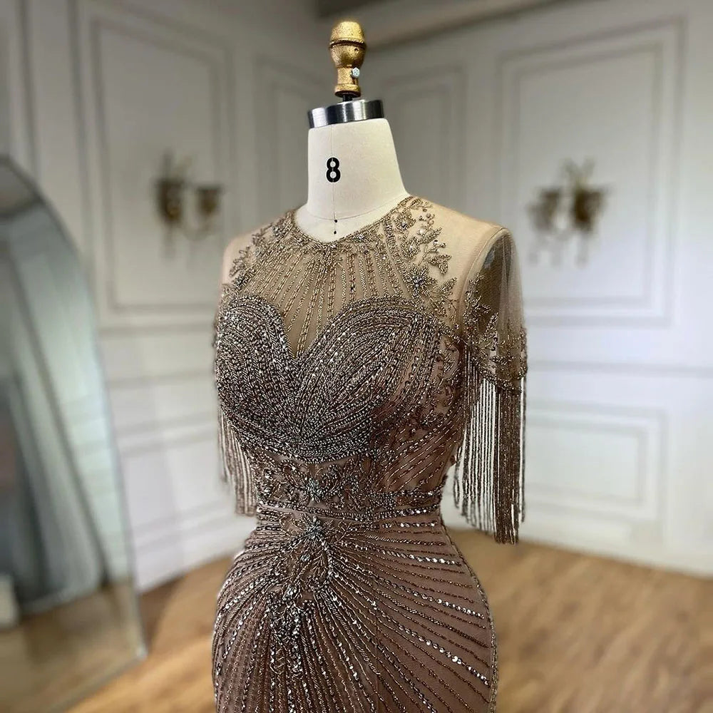 Luxury Dubai Arabic Caramel Tassel Mermaid Beaded Evening Gown for Women - Wedding, Party & Special Occasion Dresses 2025 | Elegant Formal Wear for Brides, Prom & Red Carpet Events