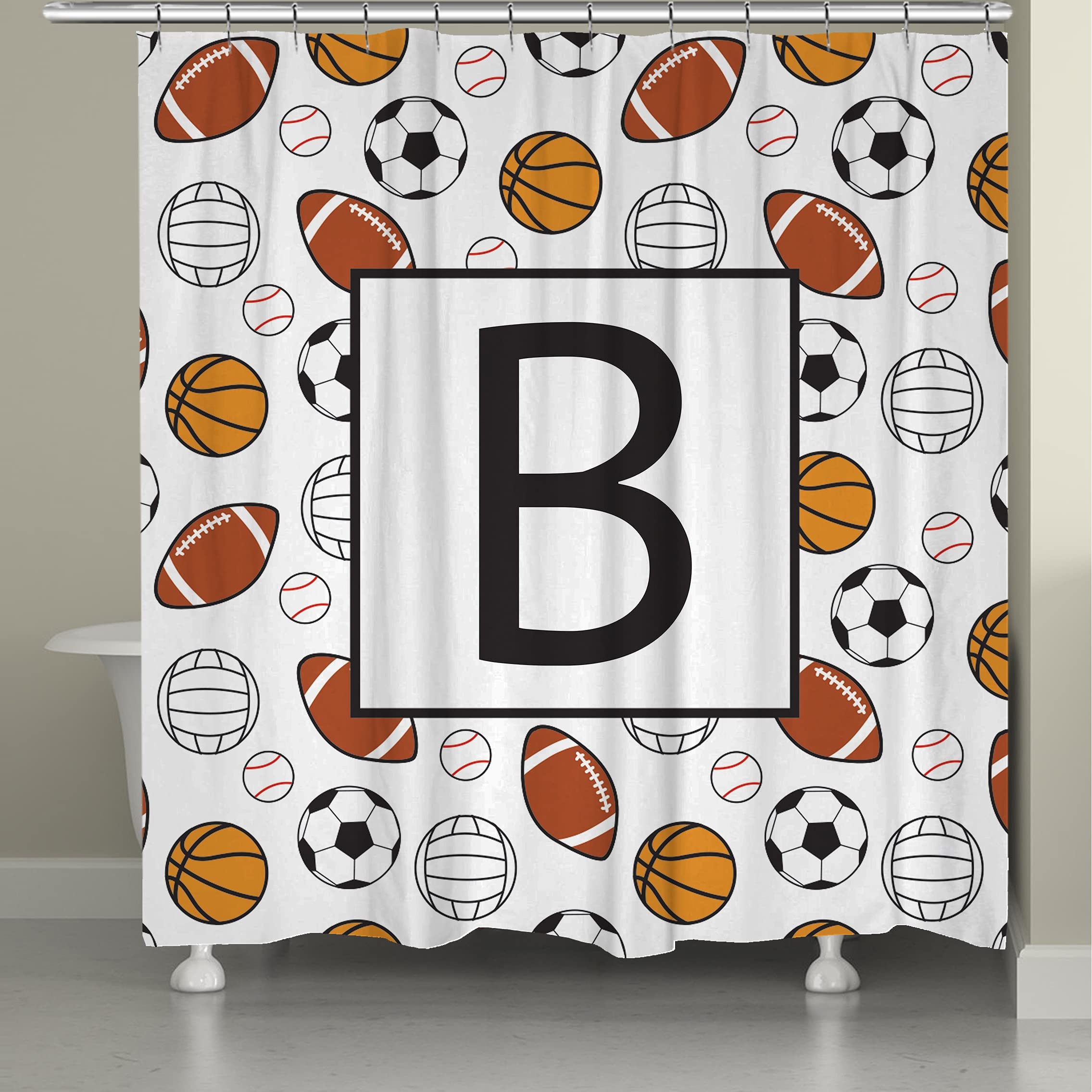 Laural Home Sports Monogram Shower Curtain - Waterproof Polyester Fabric Bathroom Decor for Boys, Girls, Teens - Perfect for Dorm, Bathroom, and Kids Room Decoration