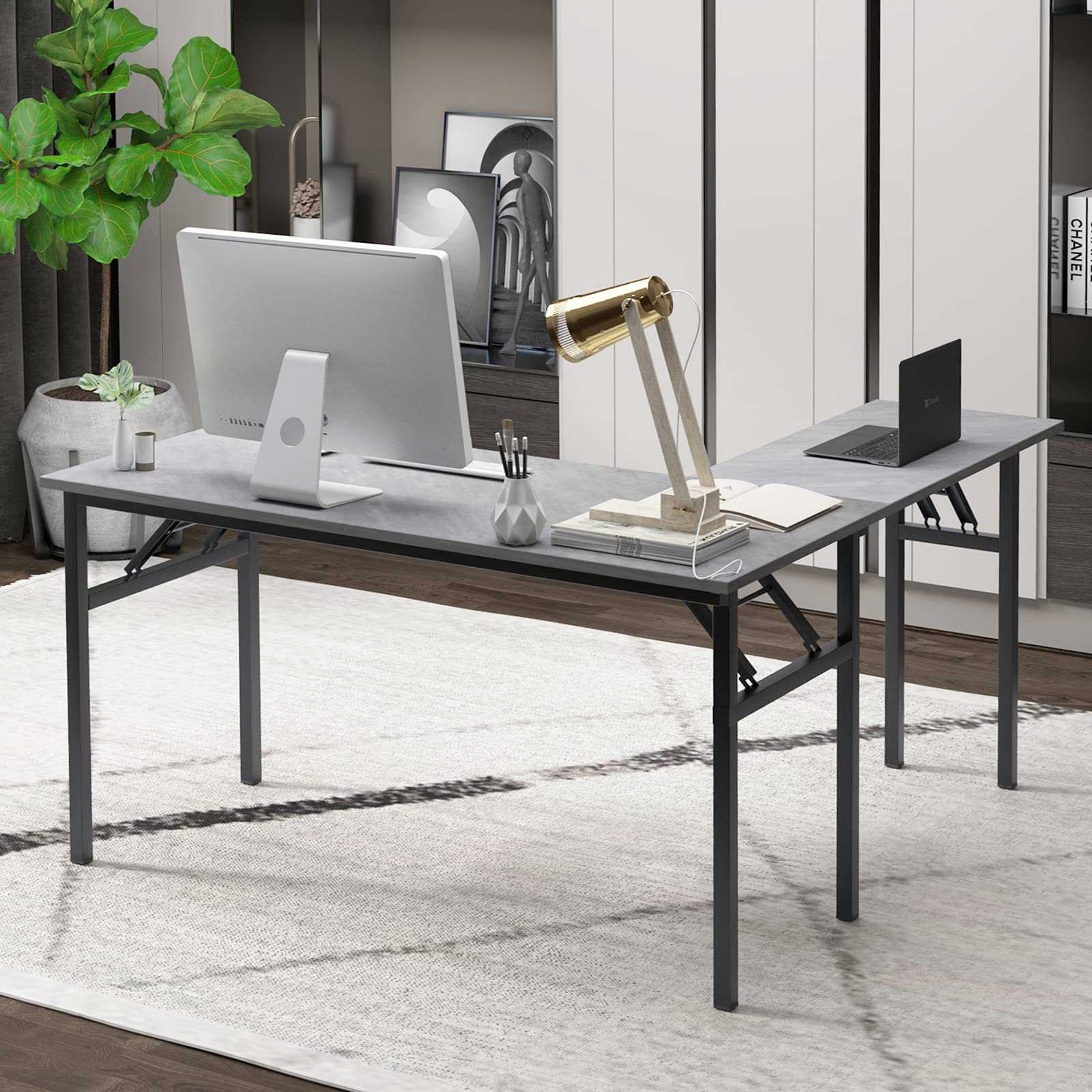 DlandHome L-Shaped Corner Desk - Large Computer Desk with Folding Table for Home Office, Workstation (Grey) | Perfect for Small Spaces, Gaming Setup & Remote Work