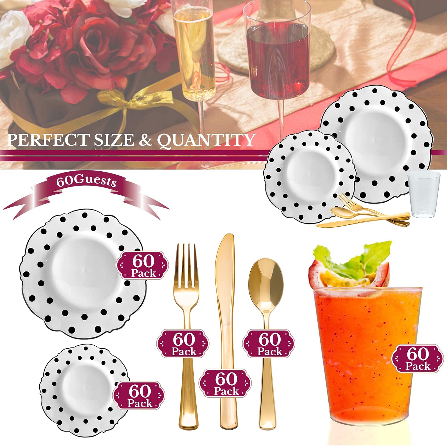 Elegant Disposable Plastic Dinnerware Set with Round Dots - 360pc Wedding Party Tableware (60 Guest Package) Includes Dinner Plates, Salad Plates, Gold Cutlery (Spoon Fork Knife) and Clear Cups - Perfect for Weddings, Banquets, Catering Events and Upscale Parties (White with Black Design)