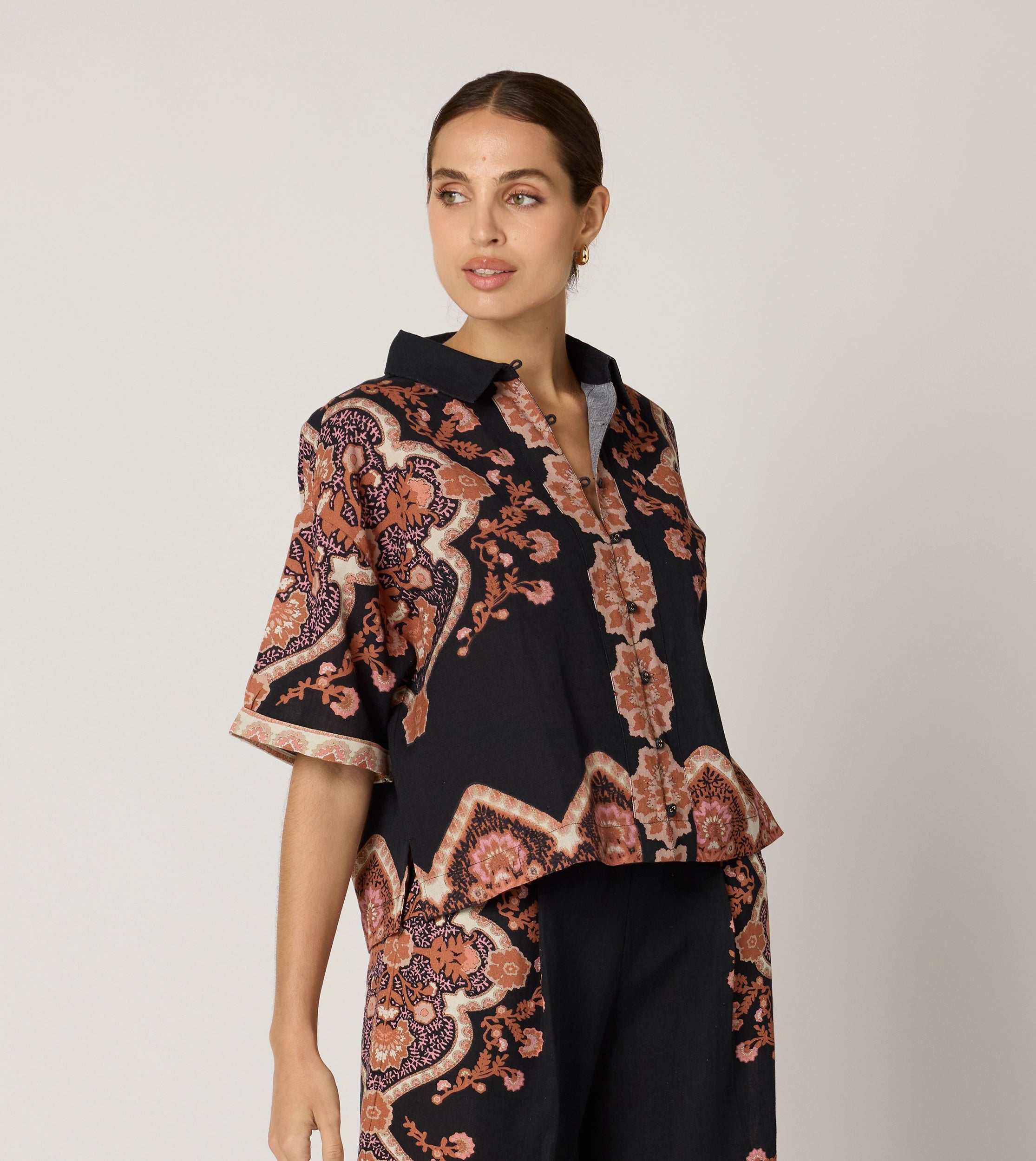 Jeni Blouse Women's Fashion Top | Dark Lagos Print Long Sleeve Blouse for Work, Office, and Casual Wear