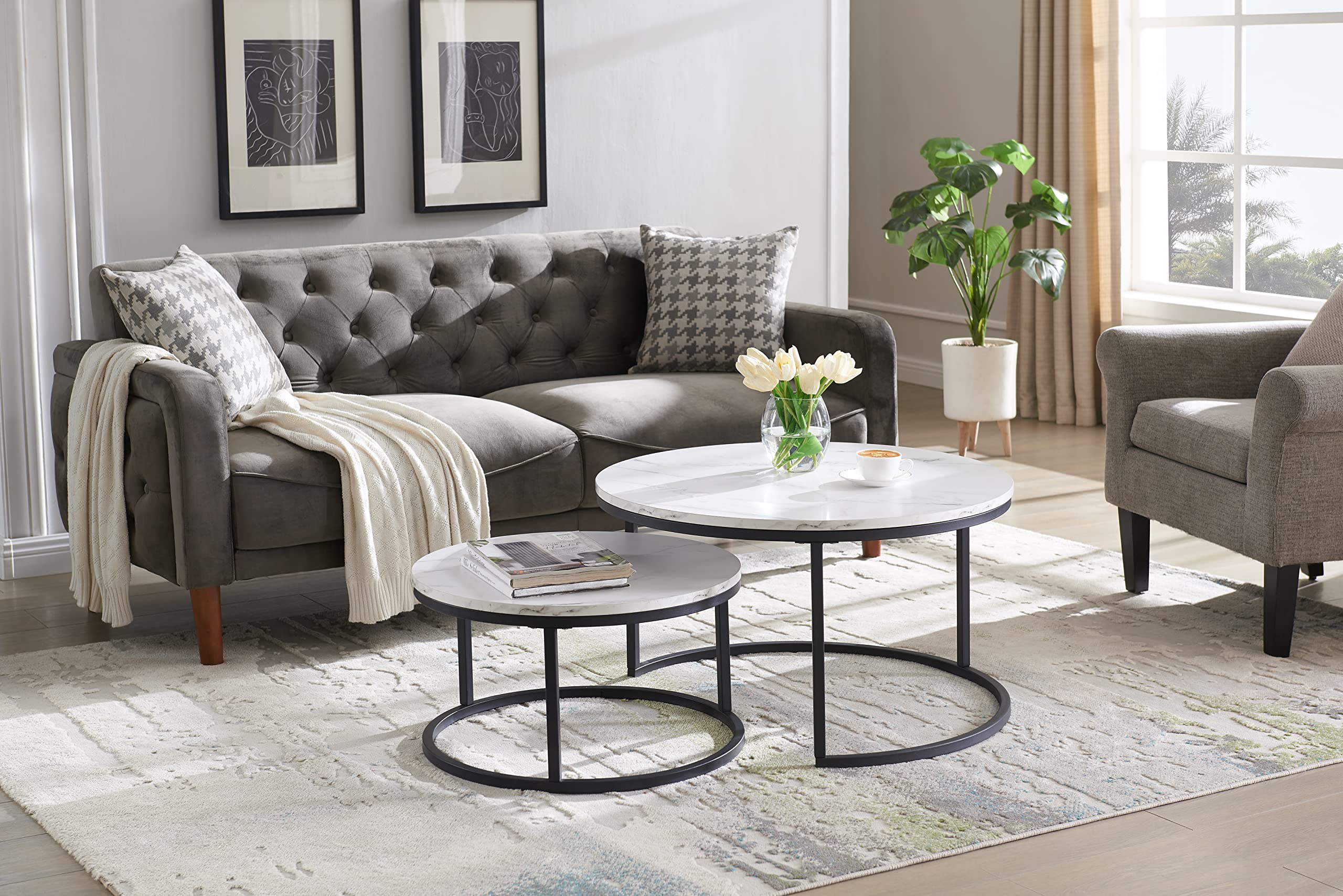 Modern Round Nesting Coffee Table Set of 2 - Mid Century Wood Accent with Faux Marble Tabletop & Black Frame - Perfect for Living Room, Office, Balcony - Great Gift for Thanksgiving & Christmas - Ideal for Small Spaces & Home Decor (White)