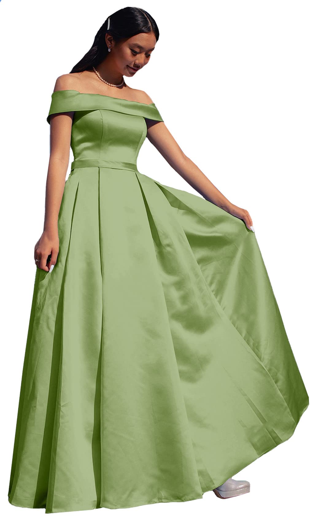 ANGELWARDROBE Women's Off-Shoulder Long Prom Dress - Satin A-Line Formal Evening Gown with Thigh Slit & Pockets for Homecoming, Wedding Guest & Cocktail Party