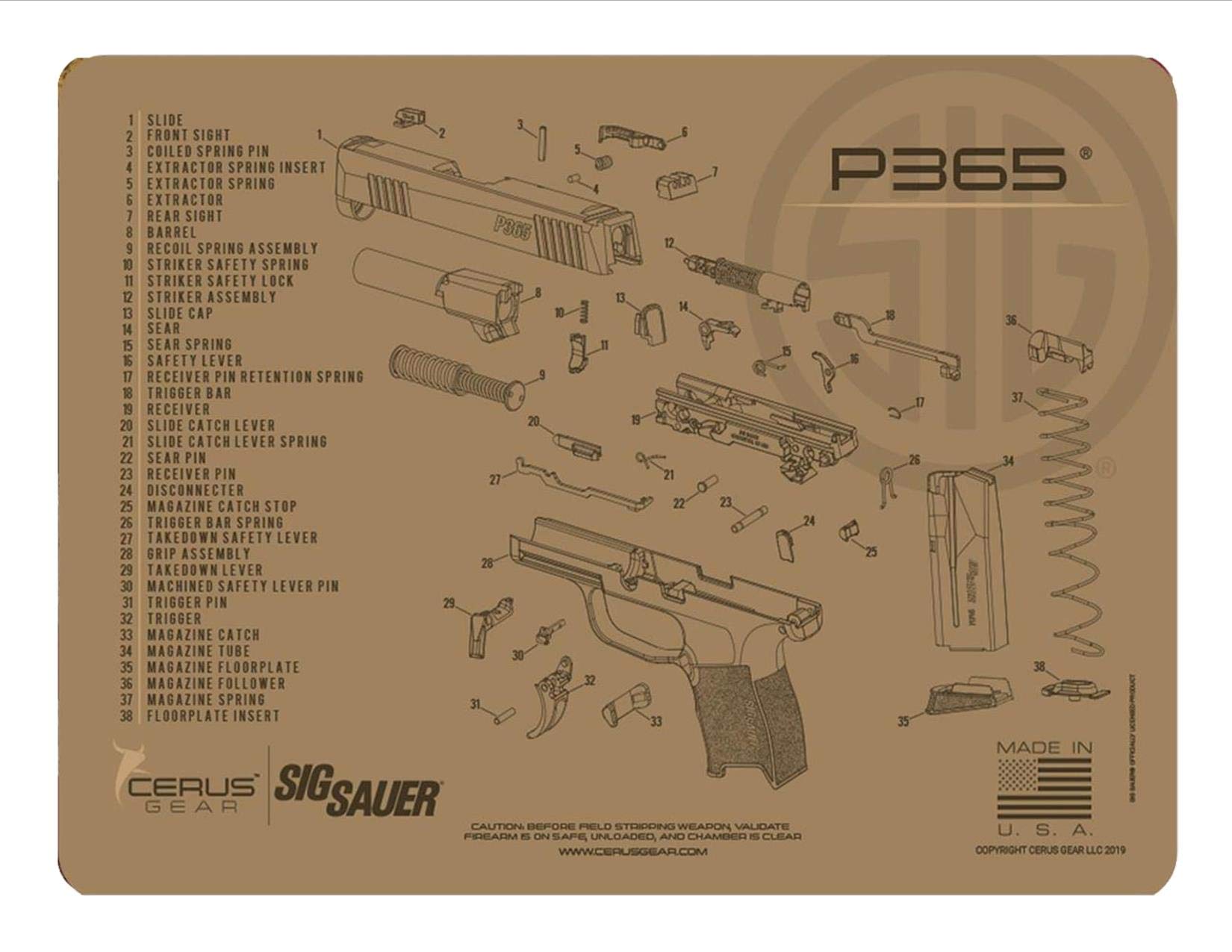 EDOG P365 Gun Cleaning Mat - Tan Schematic (Exploded View) for Sig Sauer P365 Pistol | 3mm Padded Firearm Protection | Oil & Solvent Resistant | Perfect for Gun Maintenance, Magazine Storage & Workbench Protection