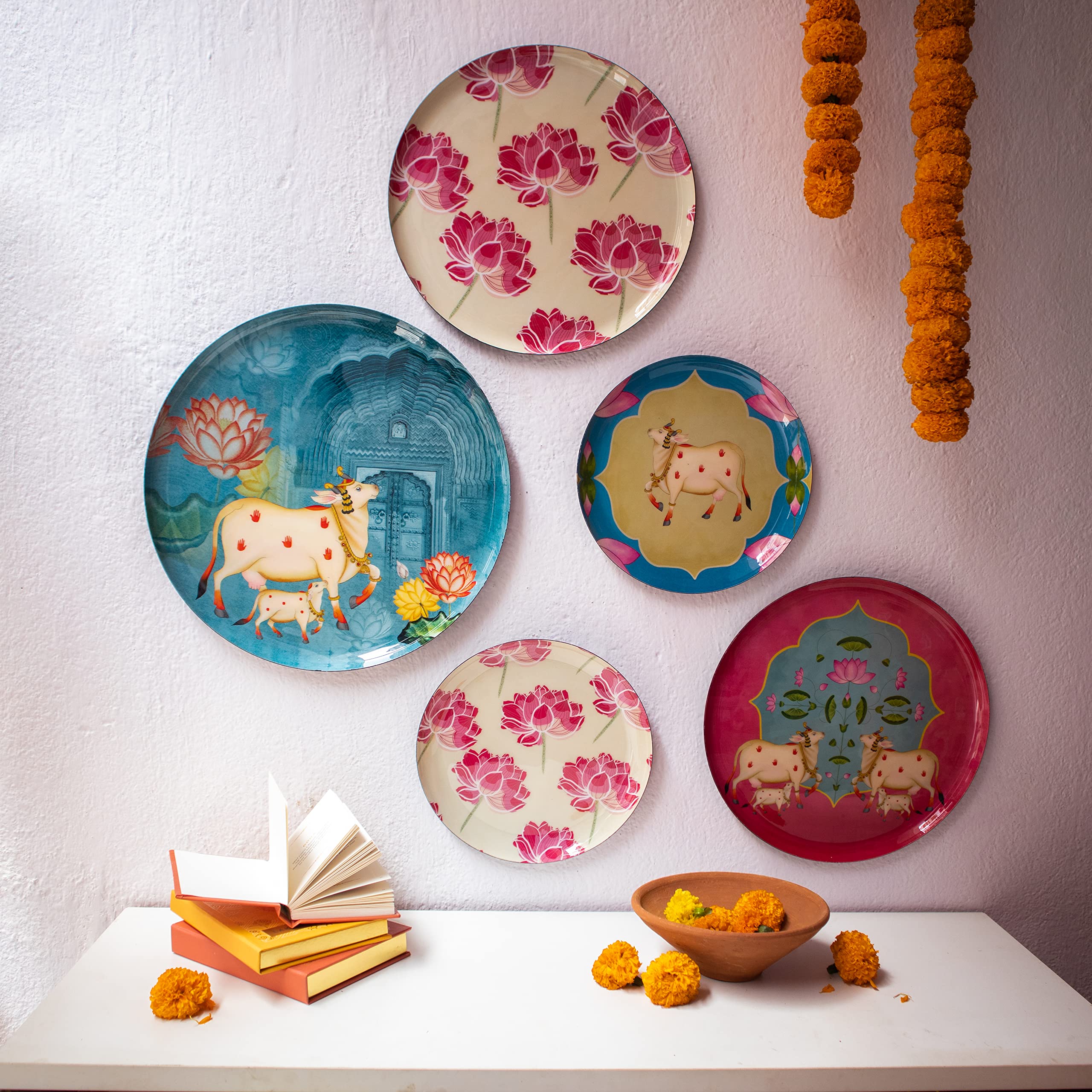 Handmade Pastel Pichwai Iron Wall Art Plates Set of 5 - Traditional Indian Metal Wall Decor | Elegant Wall Hanging for Living Room, Bedroom & Home Decor | Perfect for Boho, Farmhouse & Ethnic Interior Design Styles