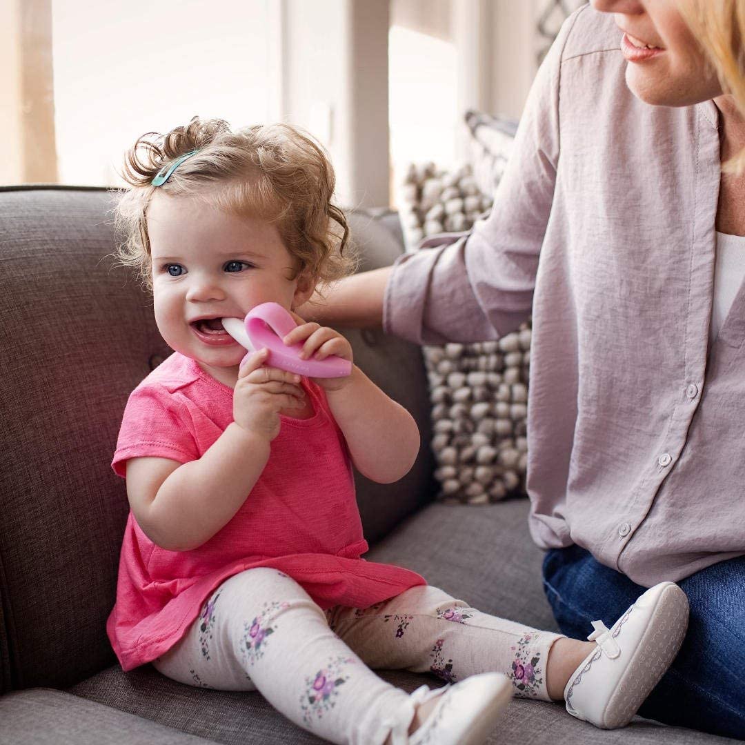 Kritiu Banana-Shaped Baby Teething Brush & Rattle Nibbler Set - Soft Silicone Teether Toy for Infants | BPA-Free, Non-Toxic, Easy to Clean | Perfect for Soothing Sore Gums & Early Oral Development (Peach & Purple) | Ideal for Home, Travel & Daycare Use