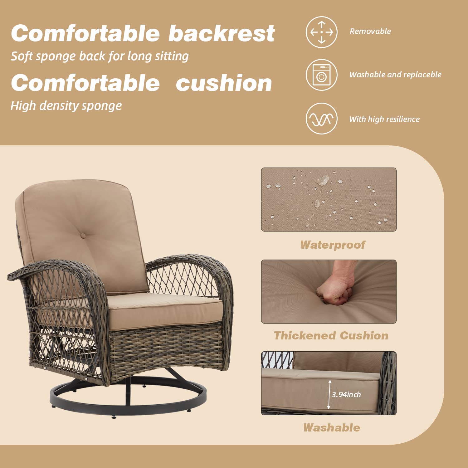 360° Swivel Rocking Patio Chairs Set of 3 with Thickened Cushions & Glass Coffee Table - Outdoor Conversation Furniture for Backyard, Garden, Poolside (Khaki) - Perfect for Relaxing, Entertaining & Enjoying Summer Days