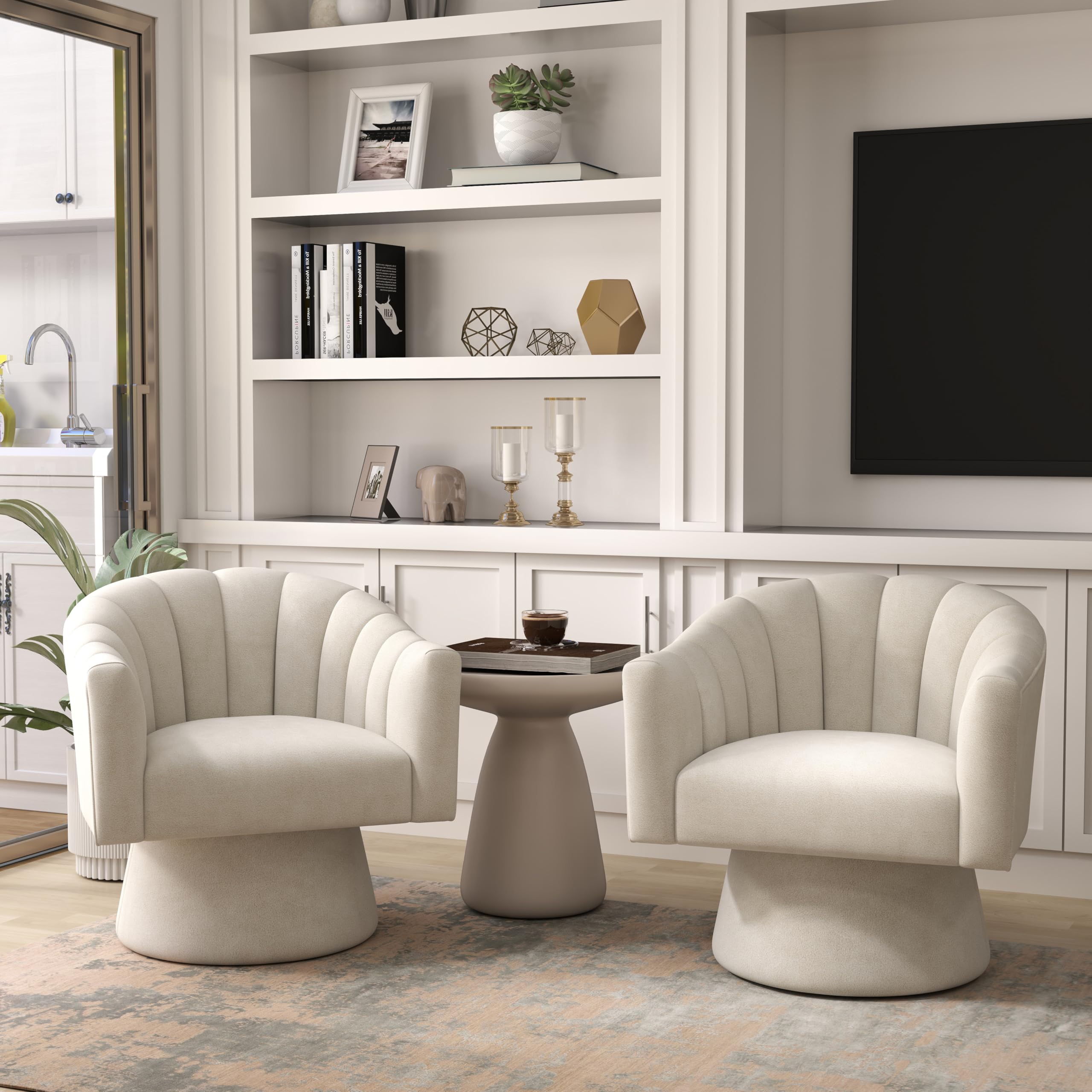 360° Swivel Velvet Accent Chair - Plush Upholstered Barrel Chair for Living Room, Bedroom, Office & Vanity | Overstuffed Bouncy Reading Chair with Round Arms (Beige) | Perfect for Relaxing, Reading & Home Decor