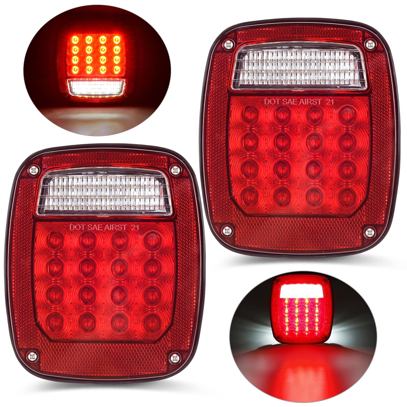 LIMICAR RV Square 43 LED Trailer Lights - 2PCS Red/White Stop Turn Reverse Tail Lights with License Plate Light for Truck, Trailer, Jeep YJ TJ JK CJ | Waterproof, Durable for Off-Road, Camping & Towing