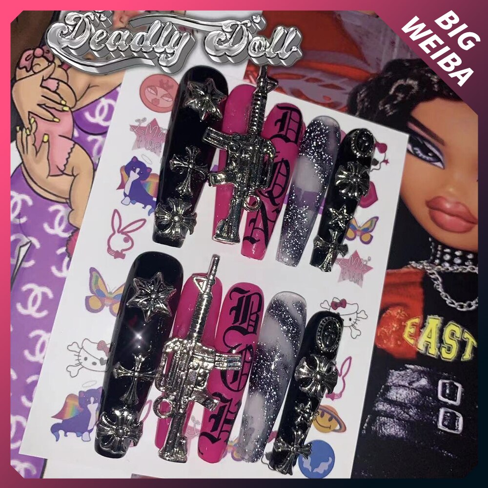 3D Long Coffin Nail Tips with Chains - Fashionable High-End Cosplay & Party Nails for Girls - Perfect Gift Accessories for Halloween, Costume Parties, and Special Occasions