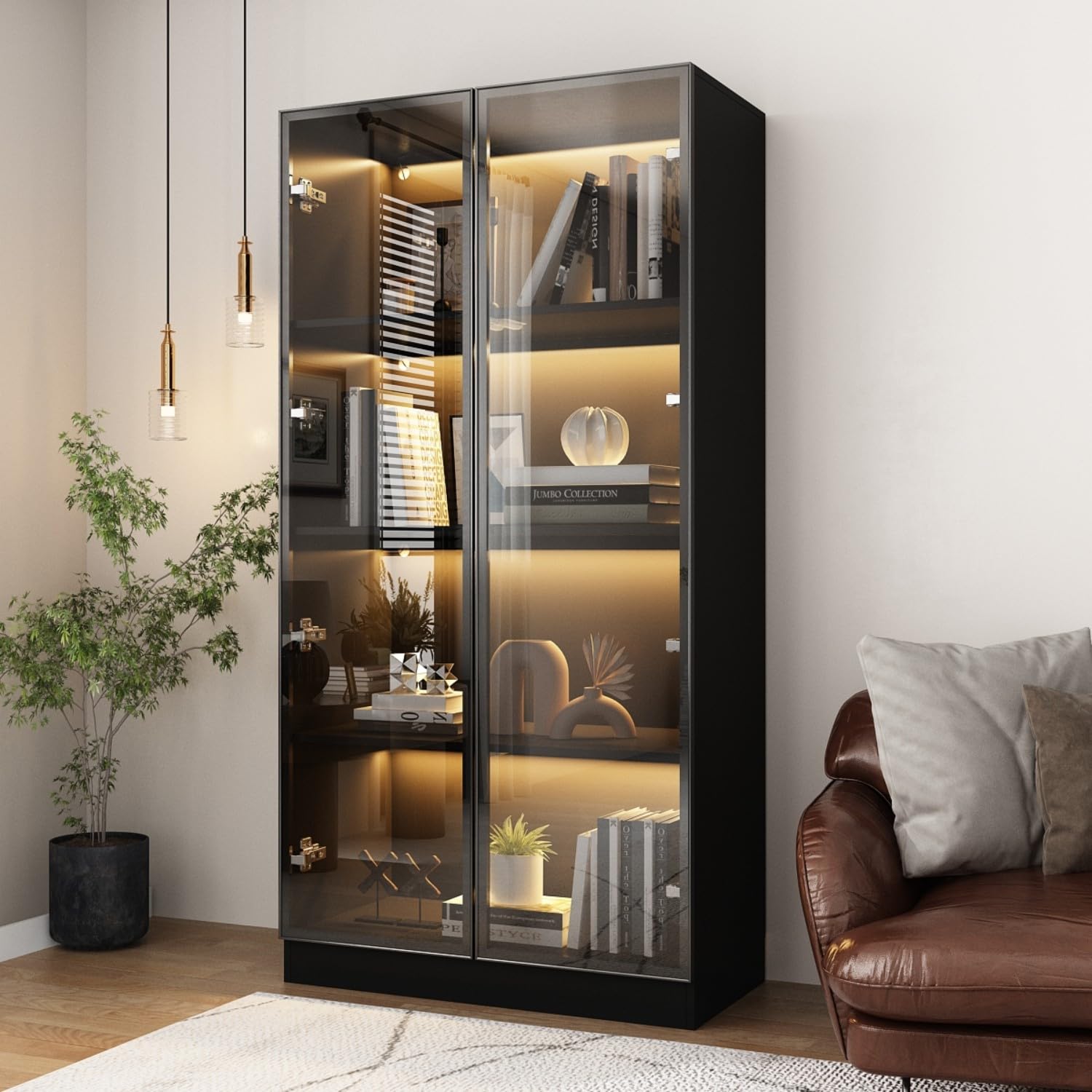 FAMAPY 4-Tier Glass Display Cabinet with LED Lights, Bookshelf with Doors & Adjustable Shelves - 31.5