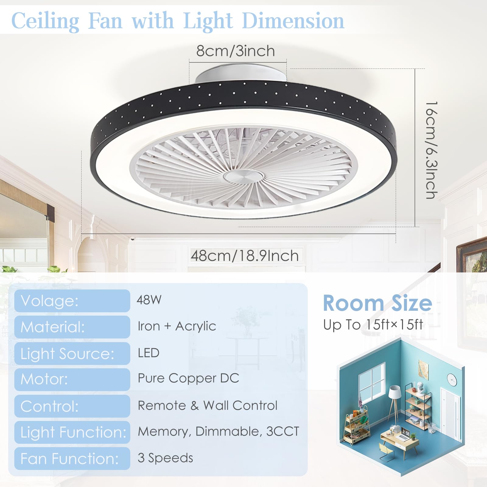 POWROL Bladeless Low Profile Ceiling Fan with Lights - 19