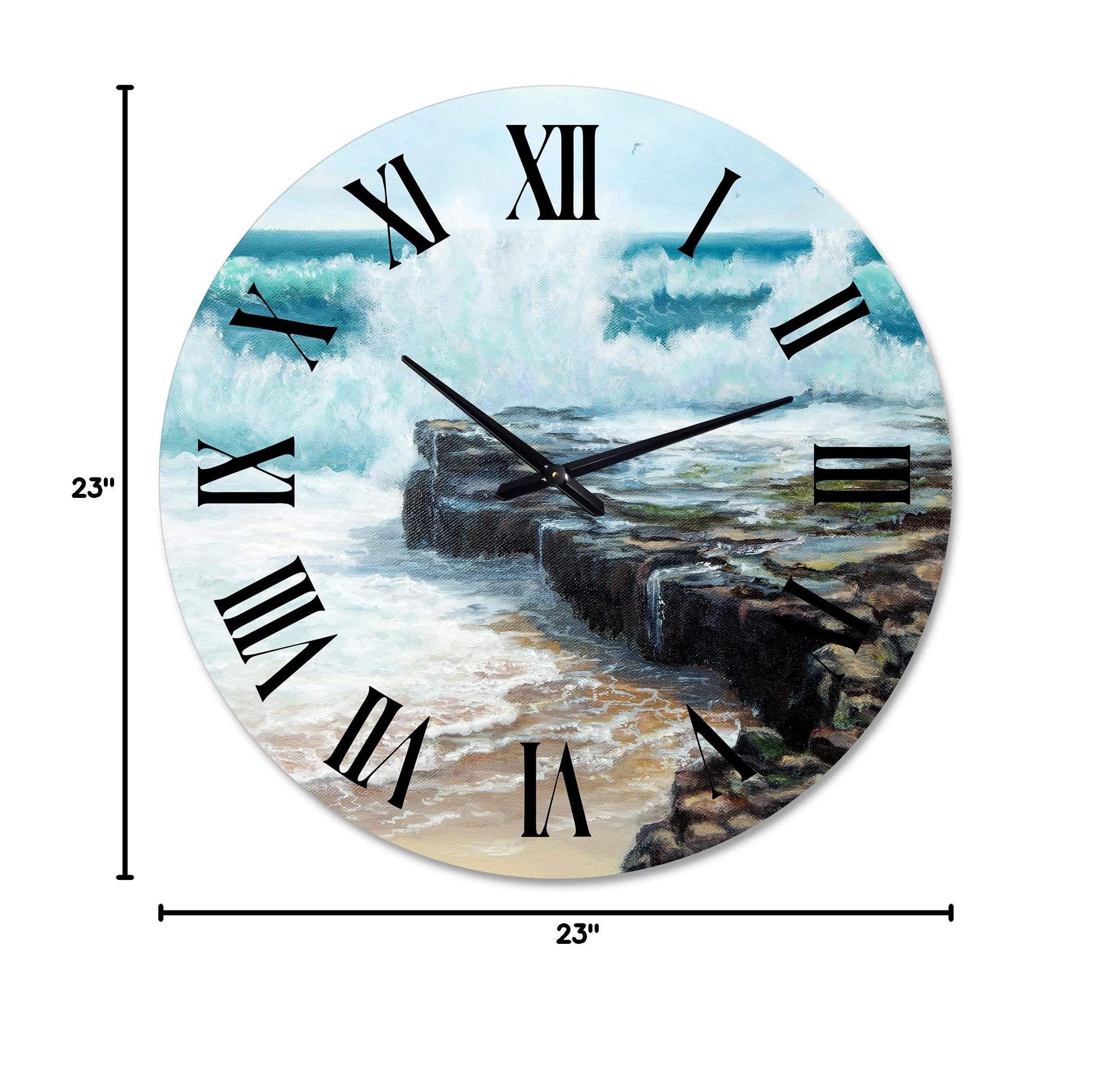 DesignQ Nautical Coastal Wall Clock - 'Wild Waves Breaking On The Shore' - 12 Inch Round Blue Clock for Kitchen, Living Room, Bedroom & Office Decor - Perfect for Beach House, Coastal & Marine Theme Home Decor
