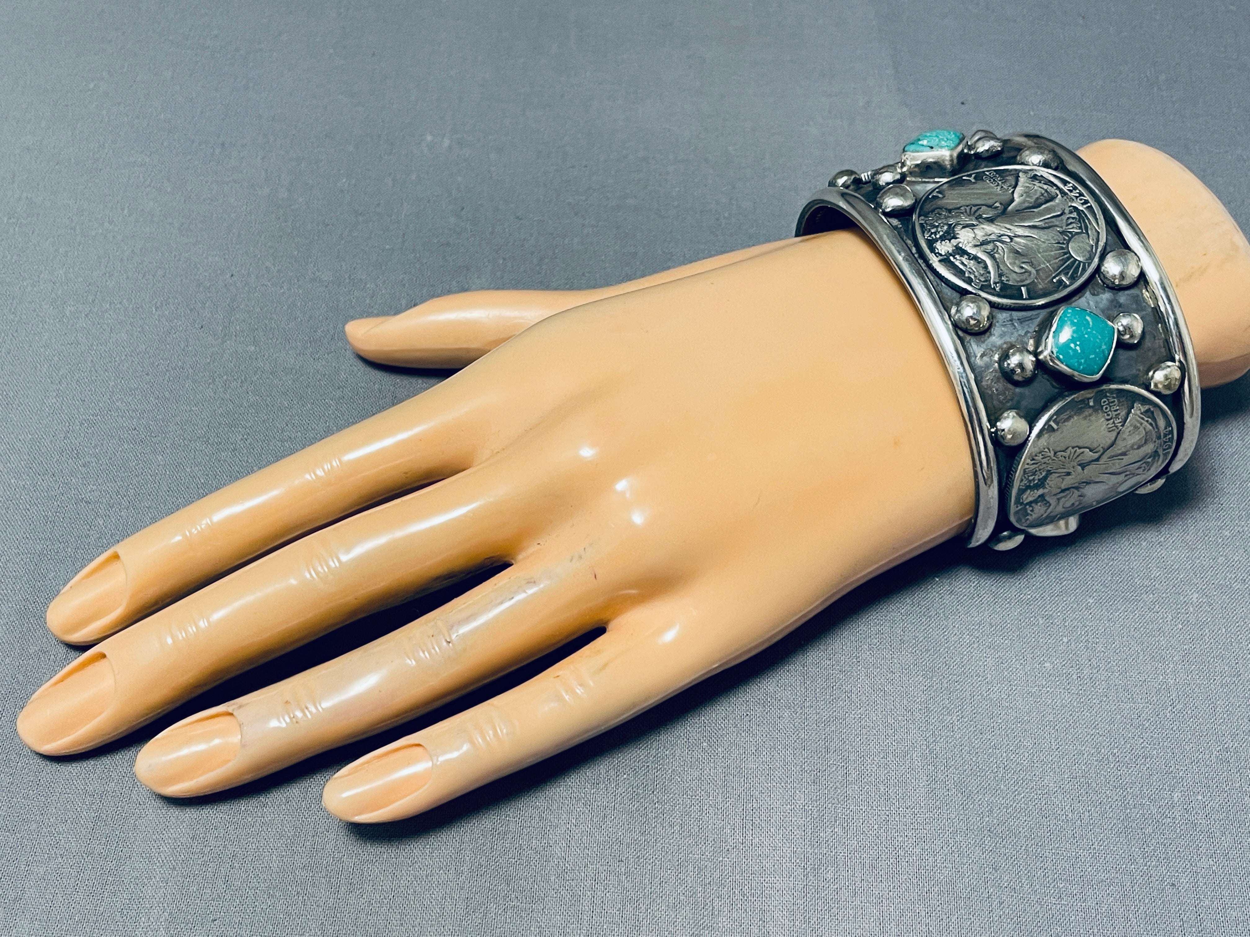 122 Gram Big Coin Native American Turquoise Sterling Silver Bracelet - Handmade Southwest Jewelry for Women, Boho Chic Accessories - Perfect for Festivals, Weddings & Everyday Wear
