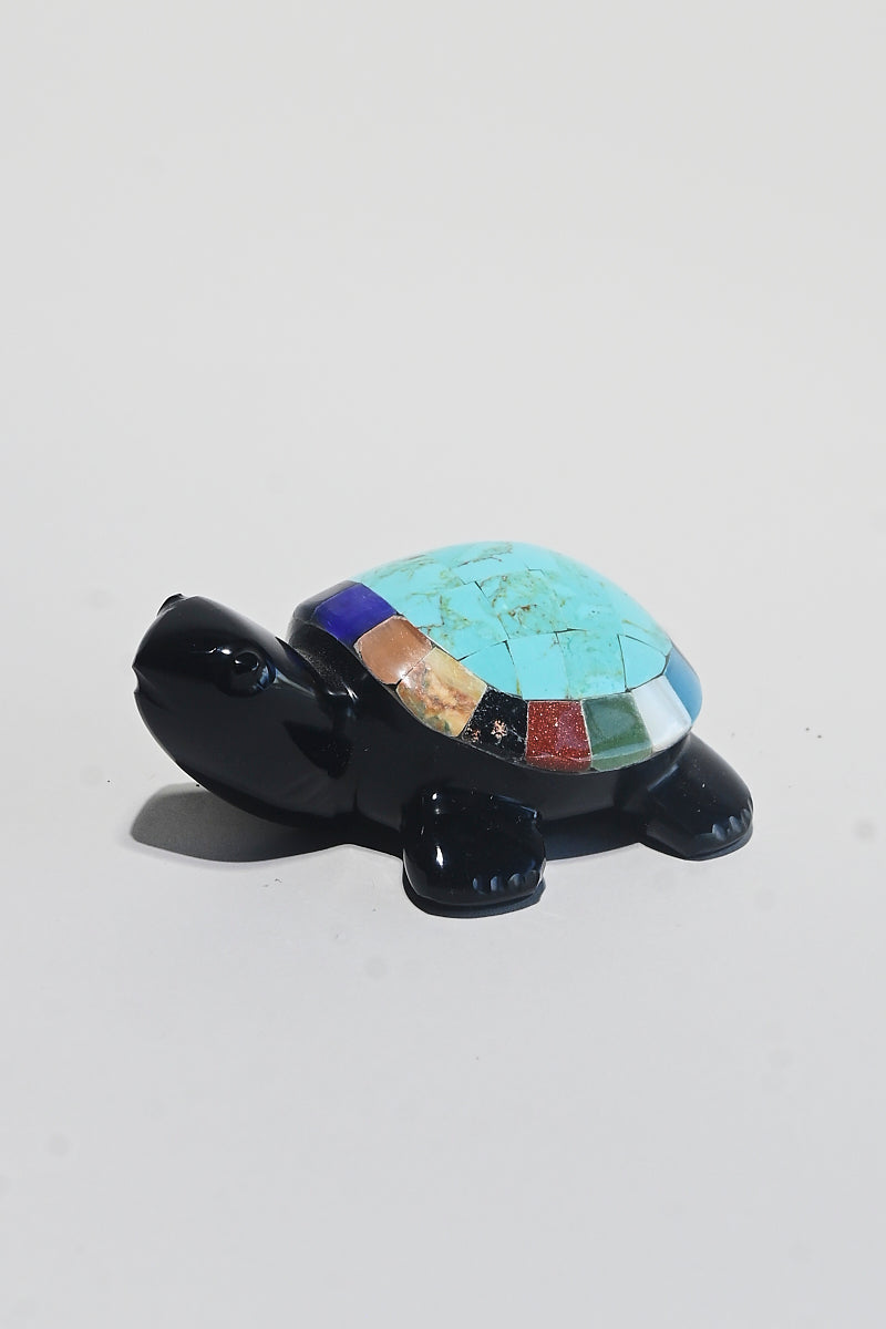 Handmade Obsidian Crystal Inlay Turtle Figurine - Spiritual Healing Stone, Meditation Decor, Feng Shui Gift for Home & Office