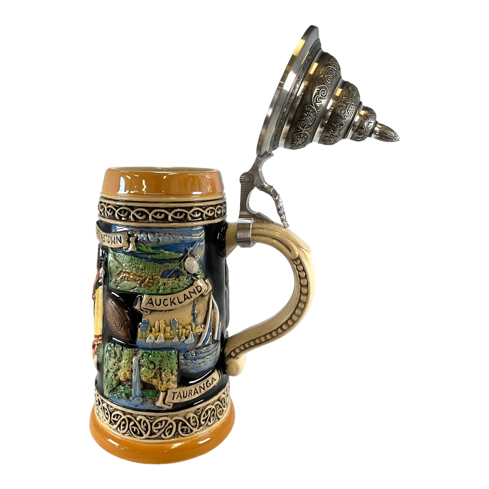 Authentic New Zealand Coat of Arms & Landmarks 0.5L German Beer Stein - Perfect for Oktoberfest, Home Bar Decor & Gift for Beer Lovers